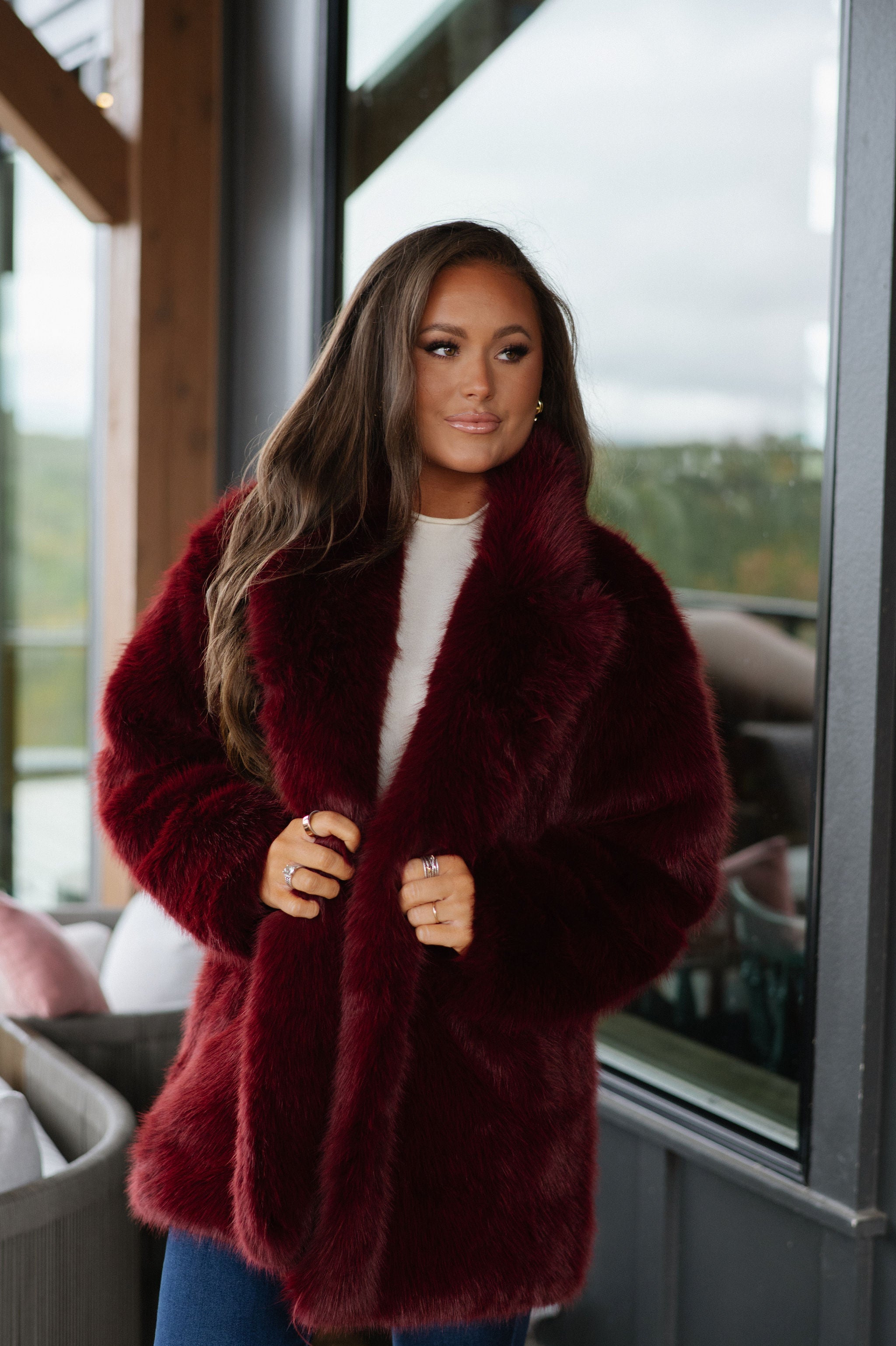 Josephine Faux Fur Coat-Wine