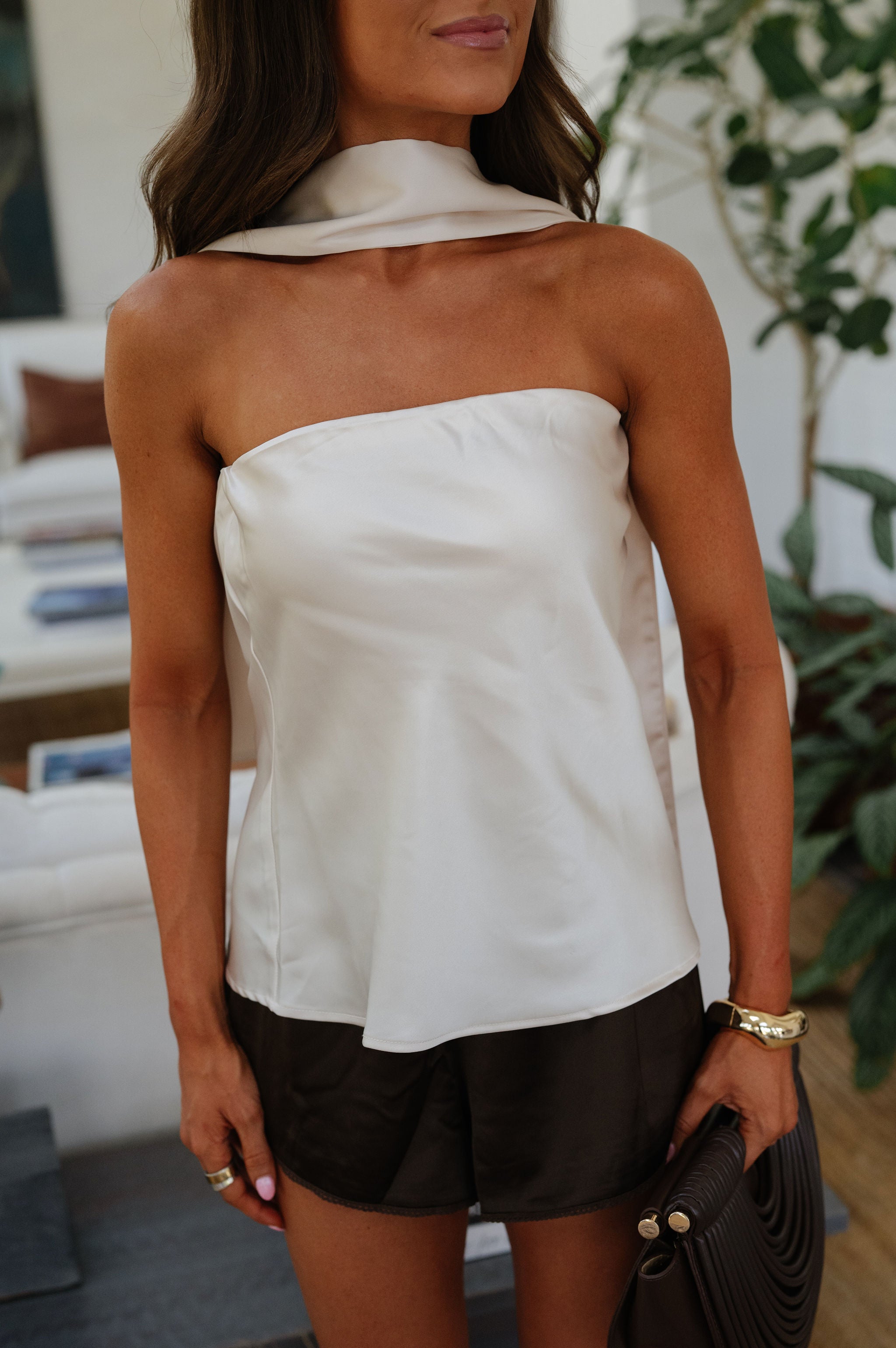 Strapless Satin Top w/ Scarf-Champagne