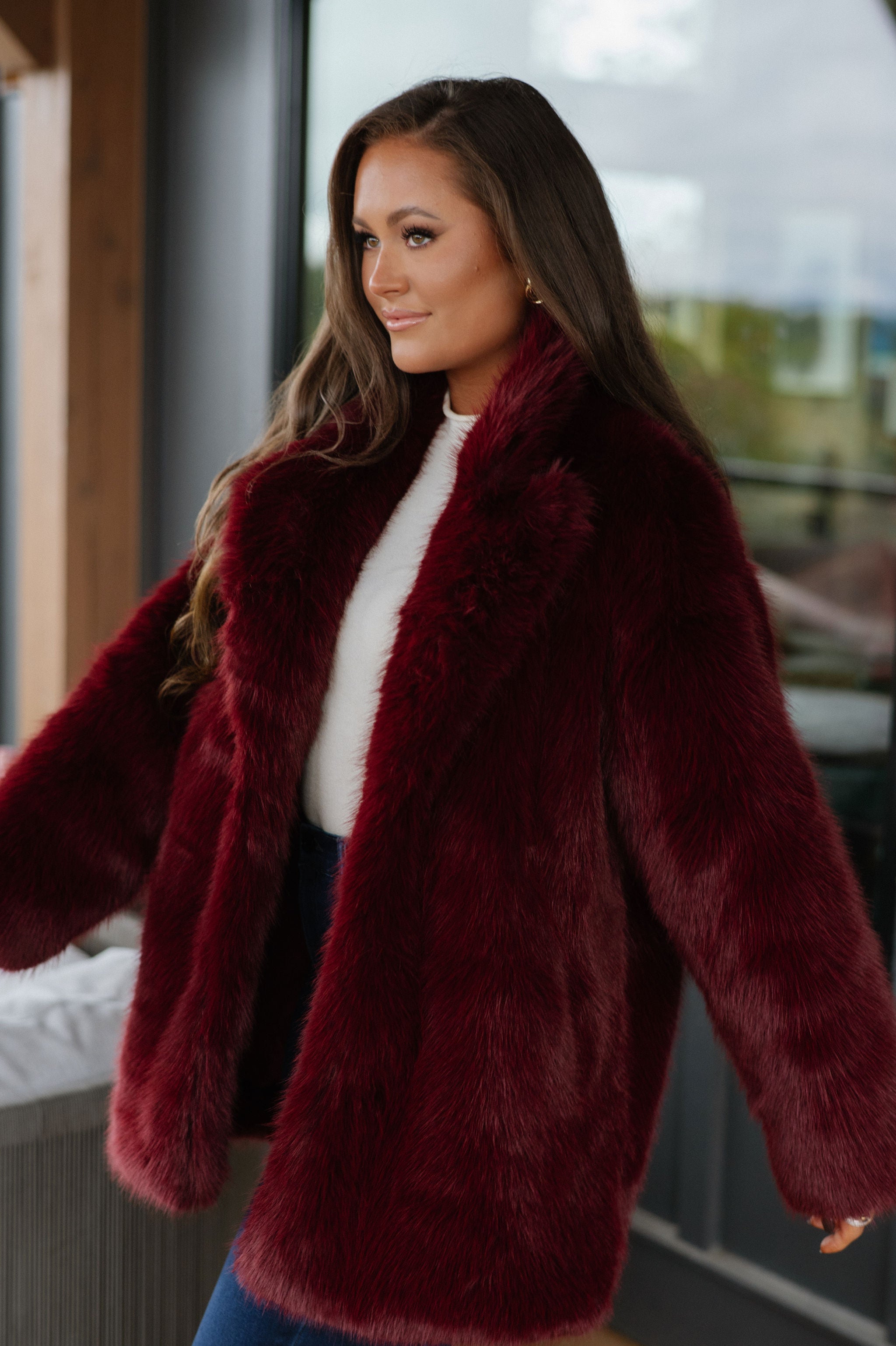 Josephine Faux Fur Coat-Wine