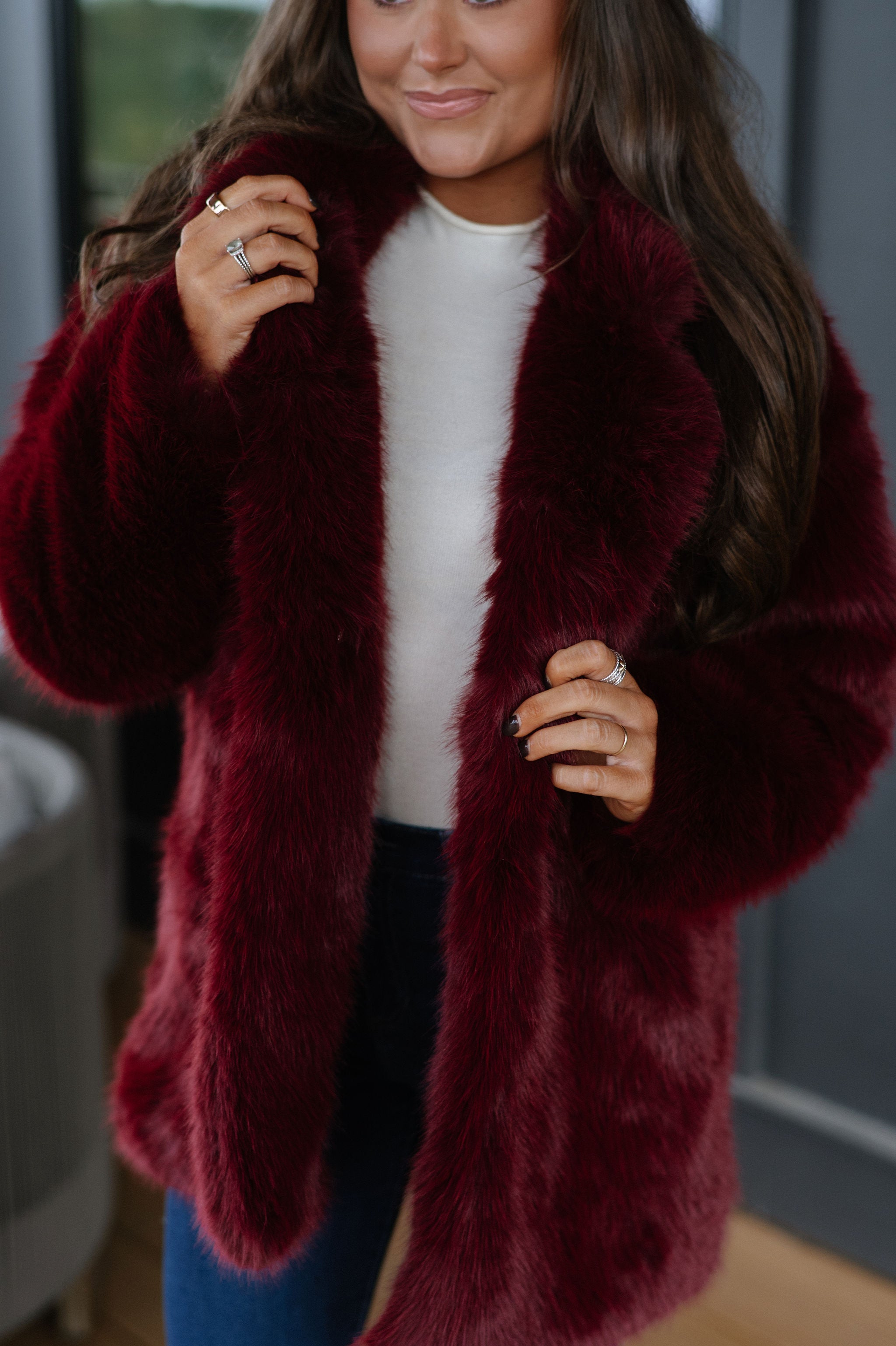 Josephine Faux Fur Coat-Wine