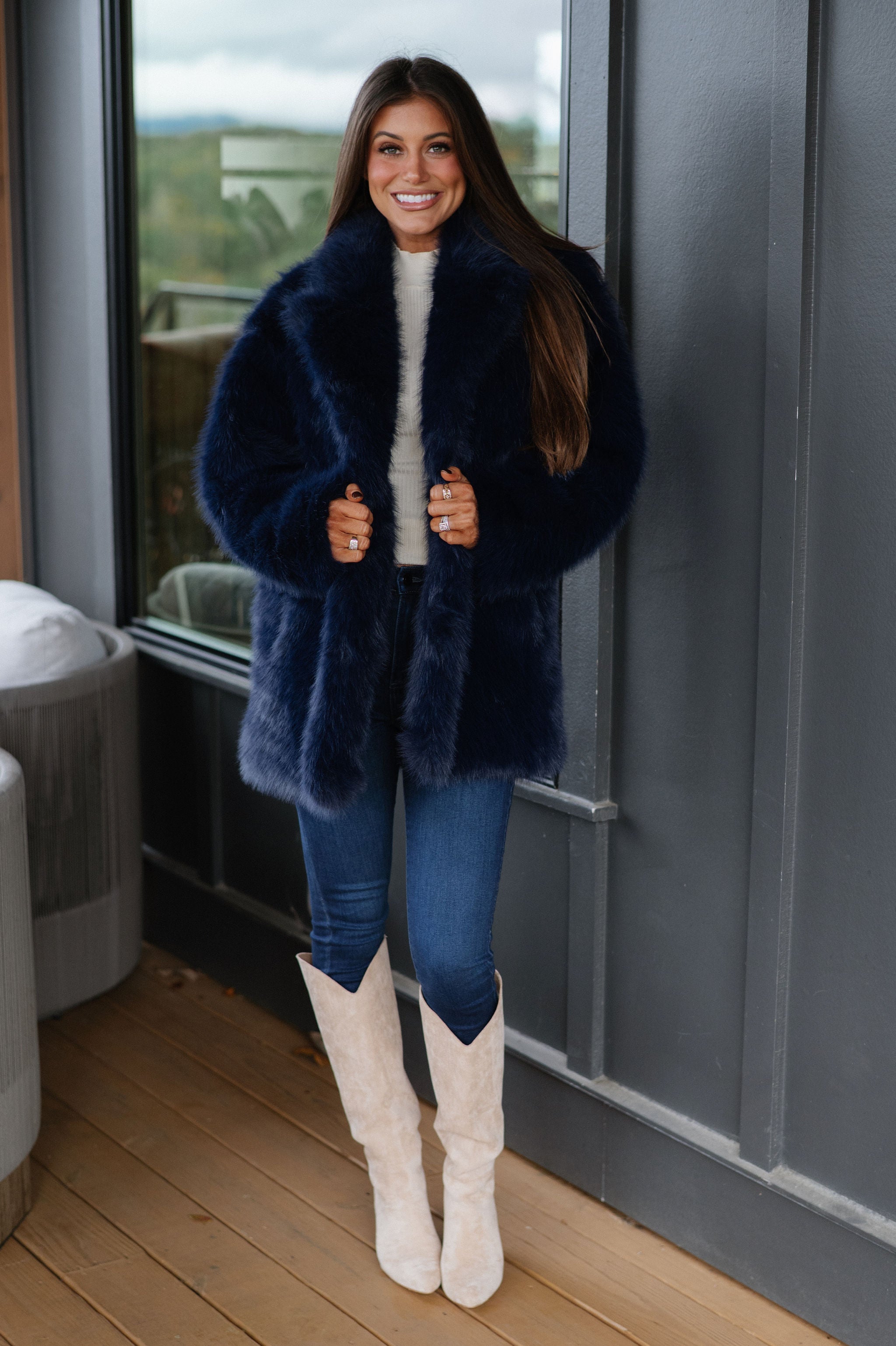 Josephine Faux Fur Coat-Navy