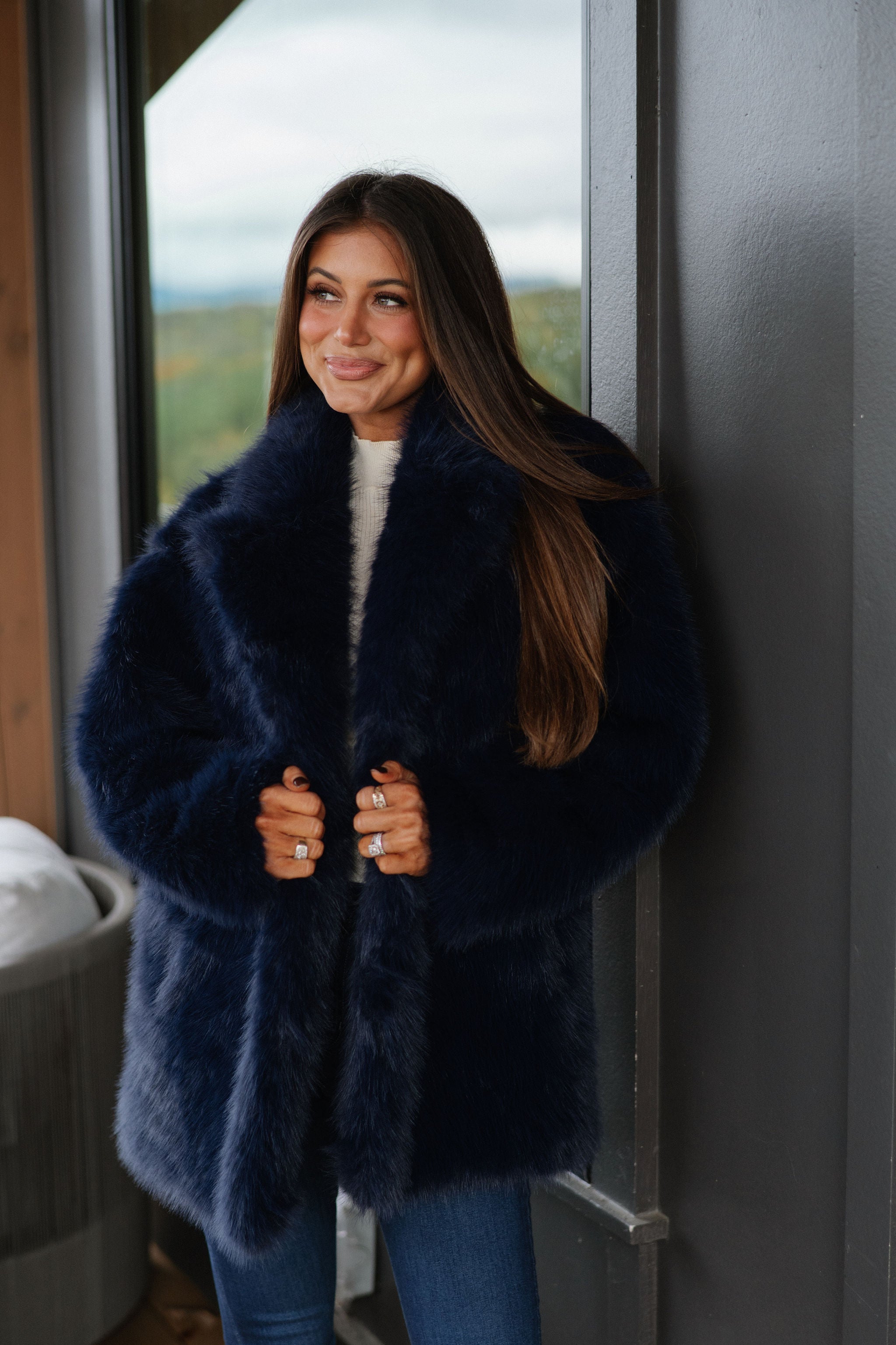 Josephine Faux Fur Coat-Navy