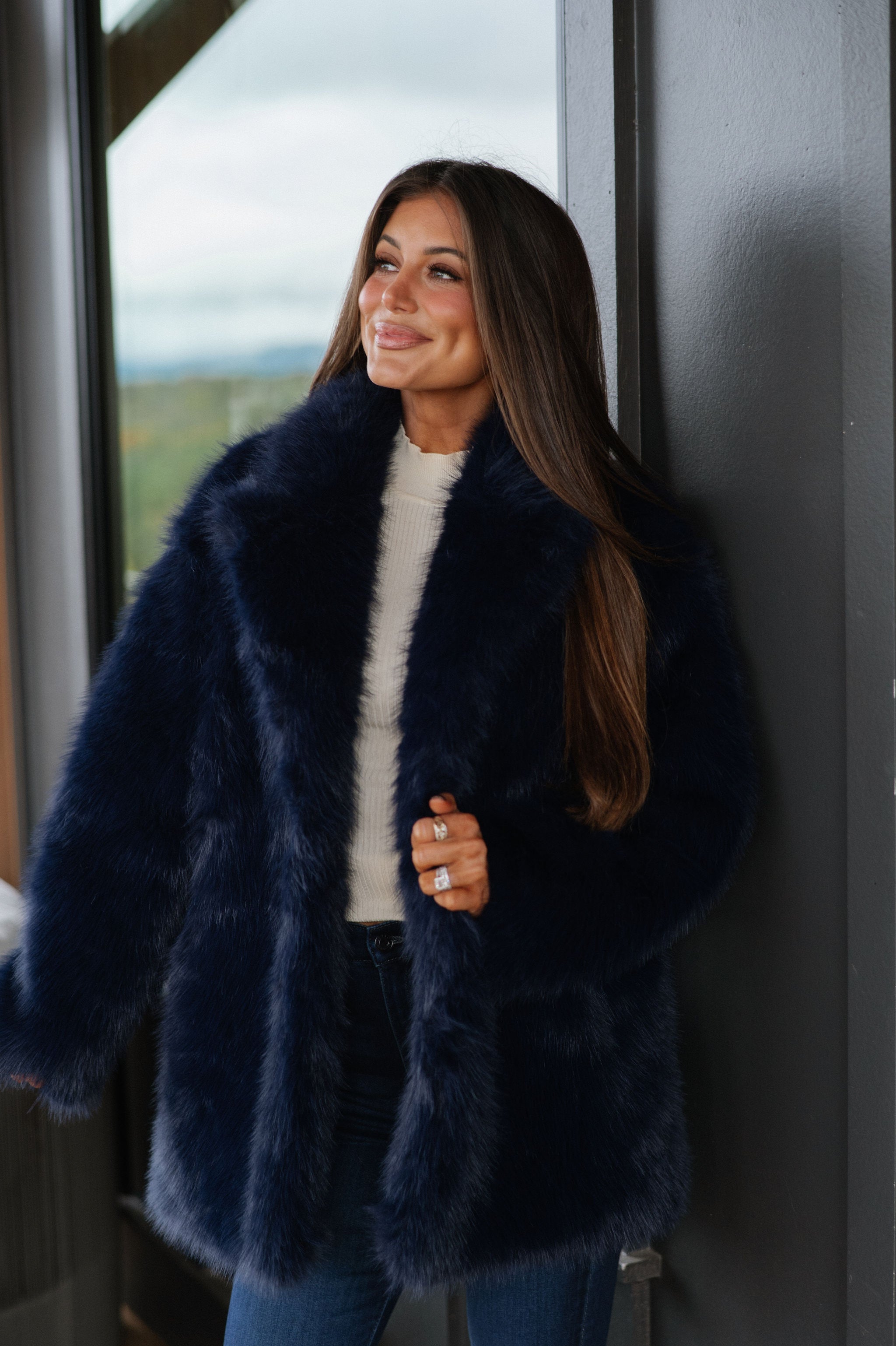 Josephine Faux Fur Coat-Navy