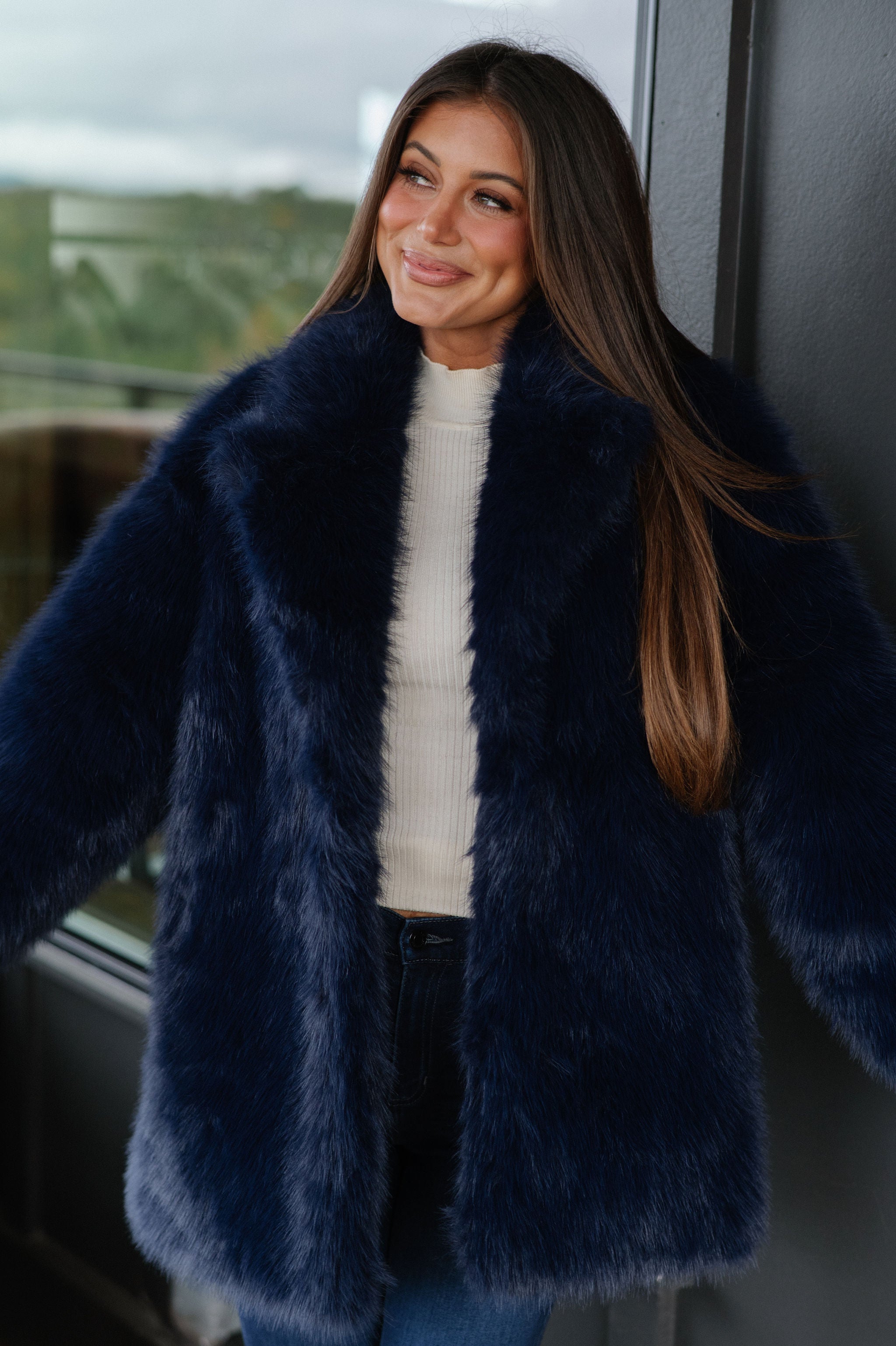 Josephine Faux Fur Coat-Navy