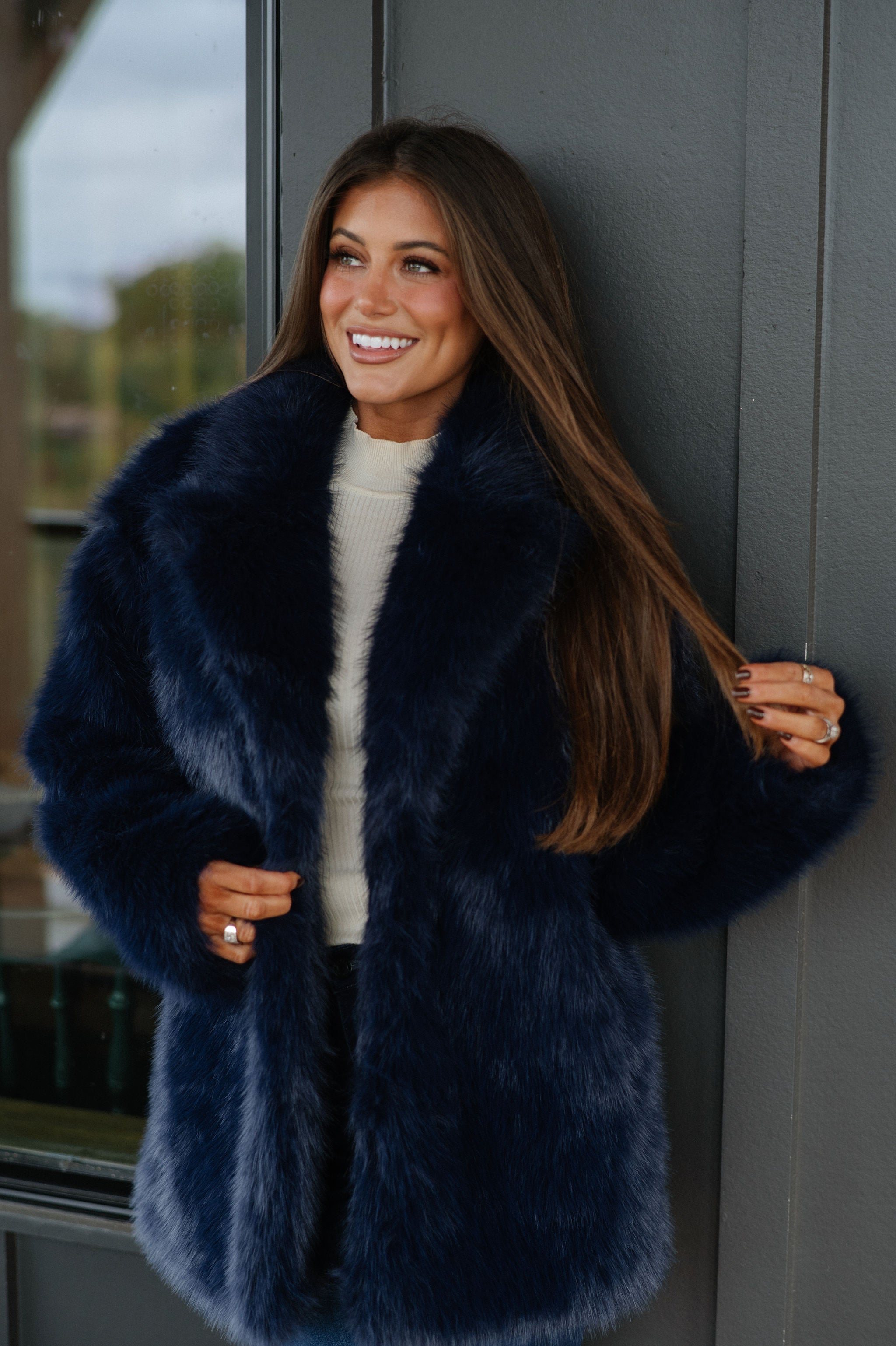 Josephine Faux Fur Coat-Navy
