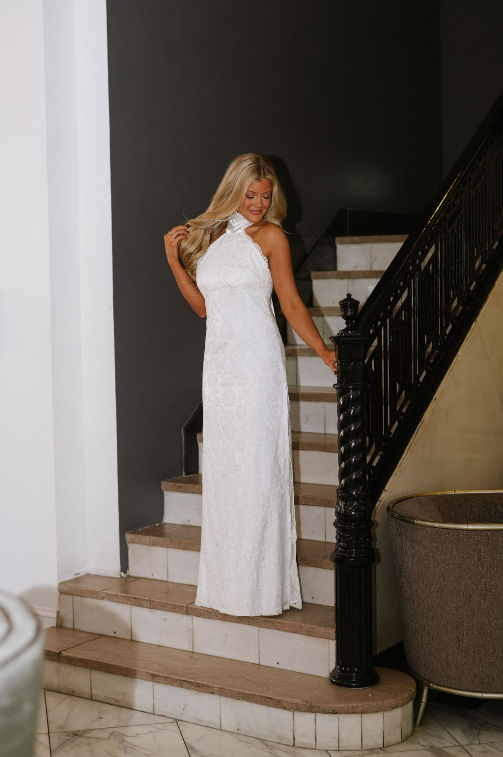 Floral Lace Halter Tie Maxi Dress-White