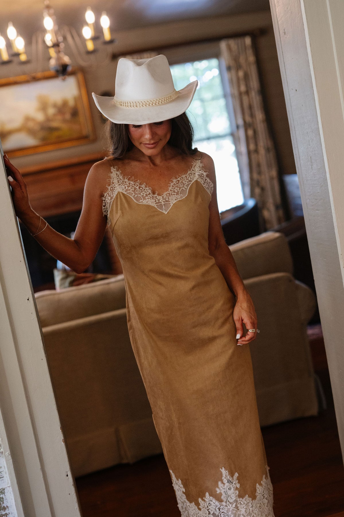 Olivia Midi Lace Suede Dress-Camel