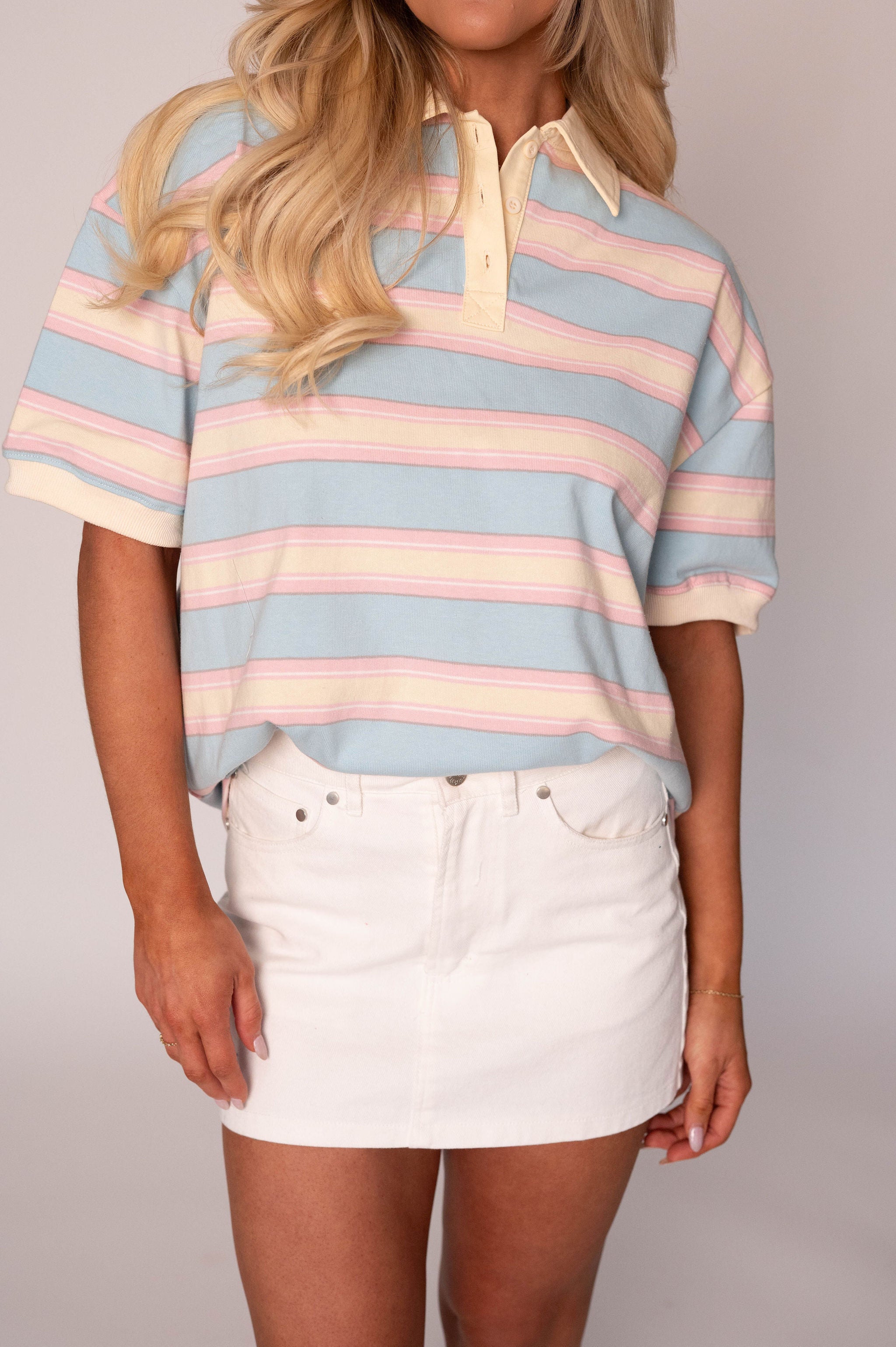 Sully Striped Polo Top-Light Blue/Pink