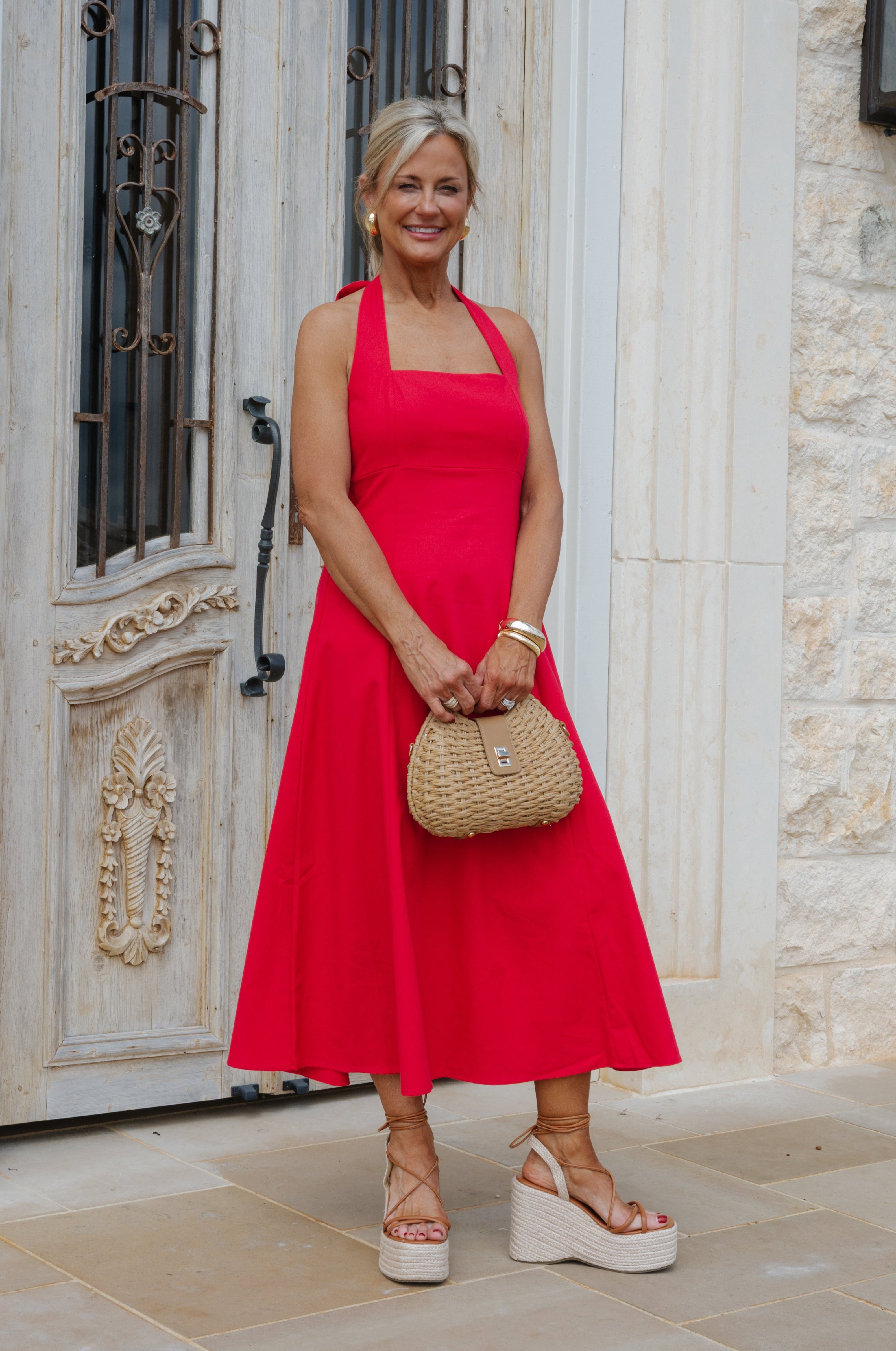 Jane Halter Midi Dress-Red