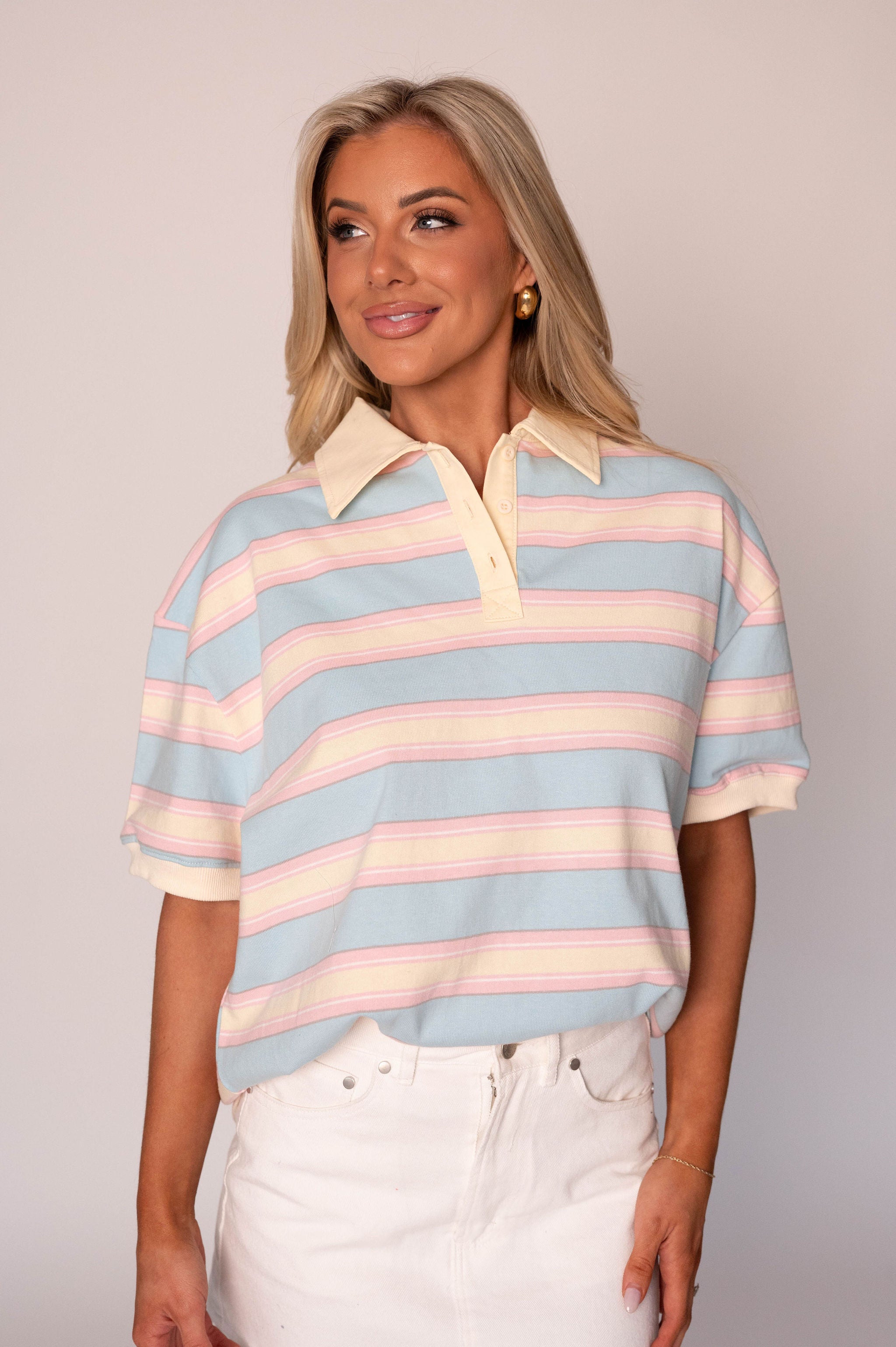 Sully Striped Polo Top-Light Blue/Pink