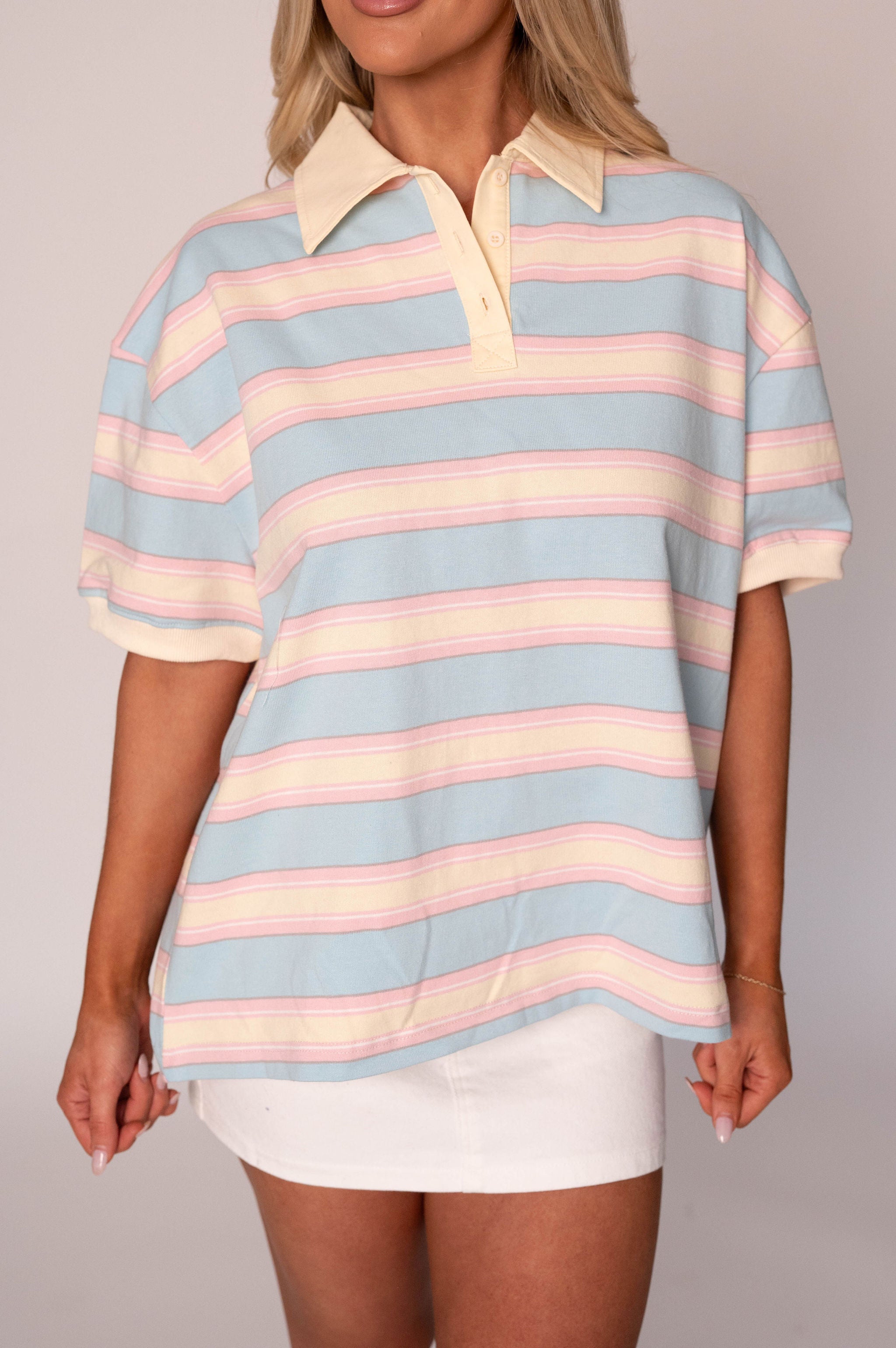 Sully Striped Polo Top-Light Blue/Pink