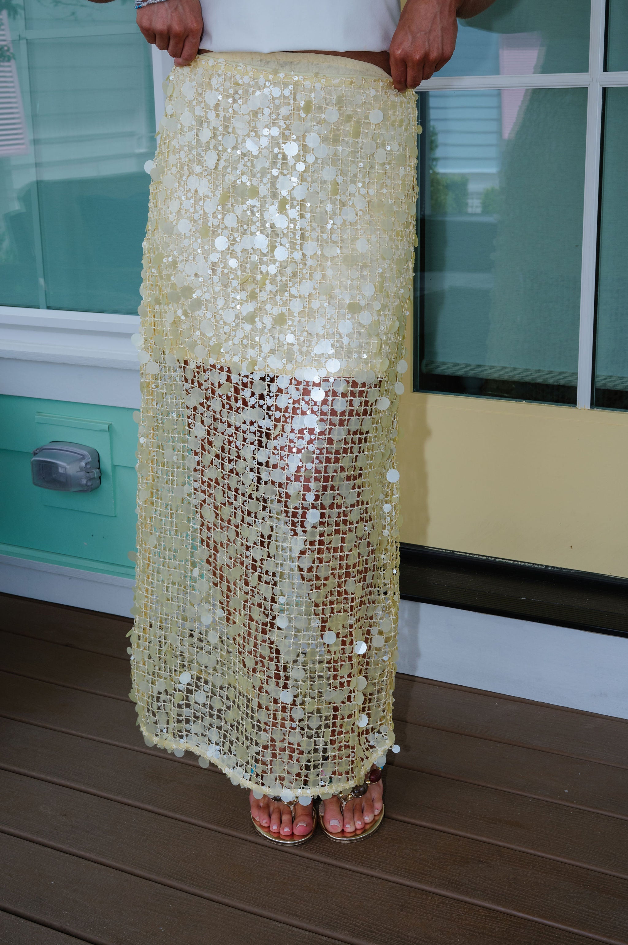 Sequin Mesh Maxi Skirt-Yellow