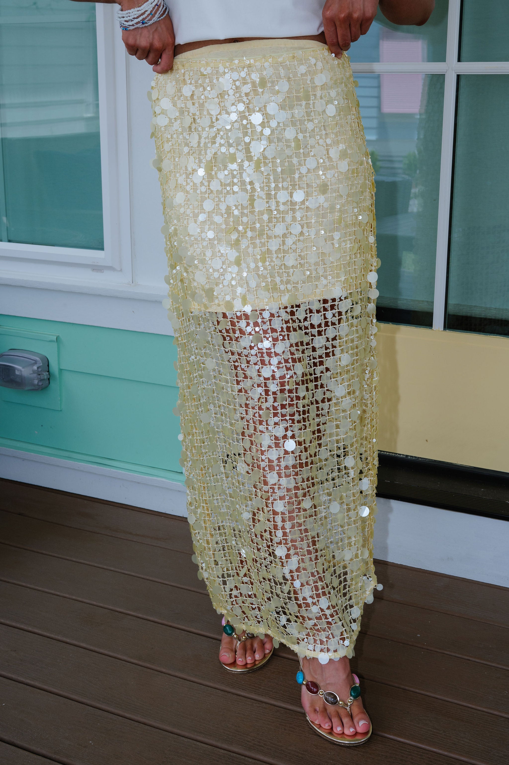 Sequin Mesh Maxi Skirt-Yellow