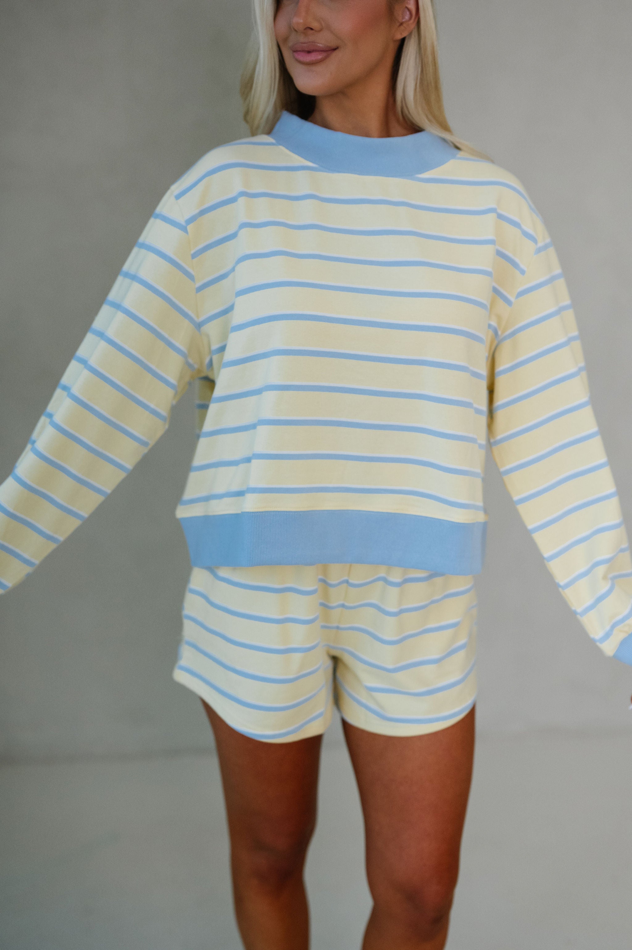 Mockneck Stripe Lounge Set-Yellow/Baby Blue