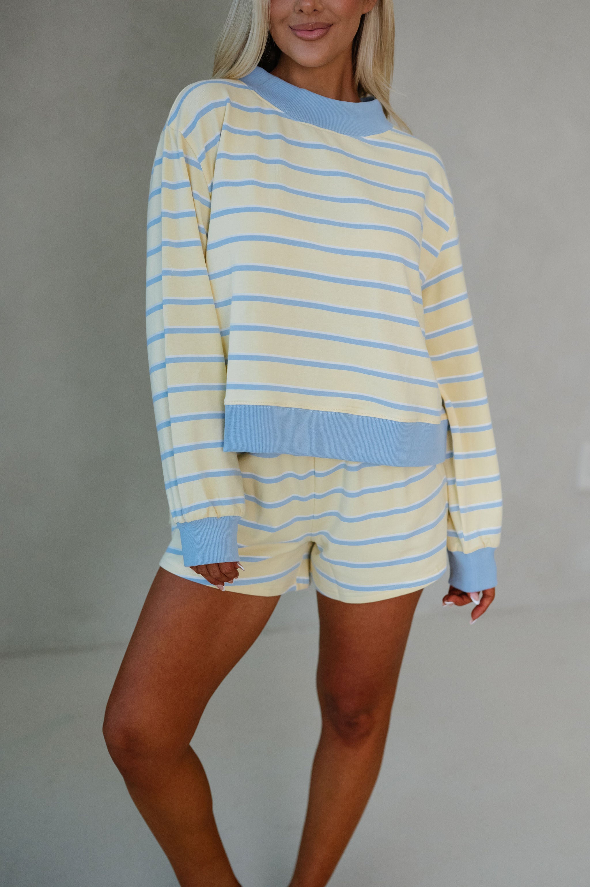 Mockneck Stripe Lounge Set-Yellow/Baby Blue