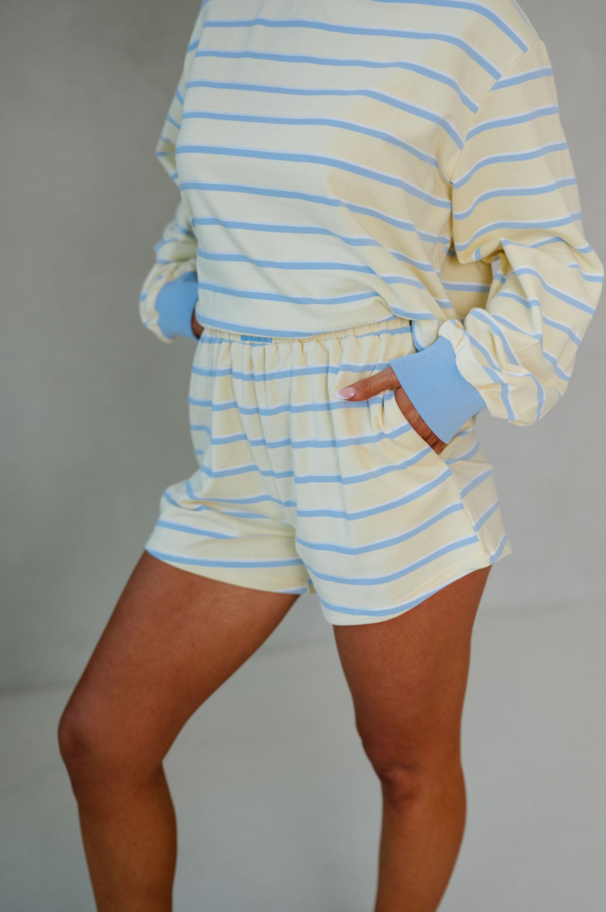 Mockneck Stripe Lounge Set-Yellow/Baby Blue