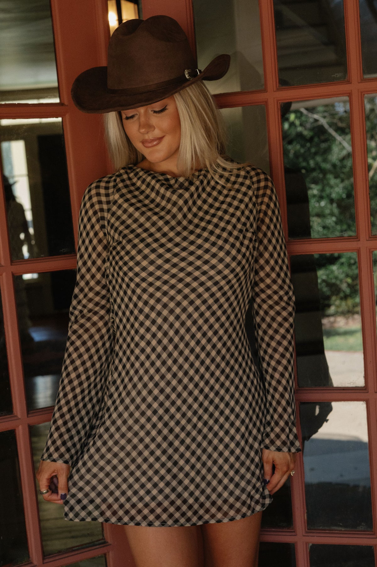 Leah Gingham Mini Dress-Black/Brown