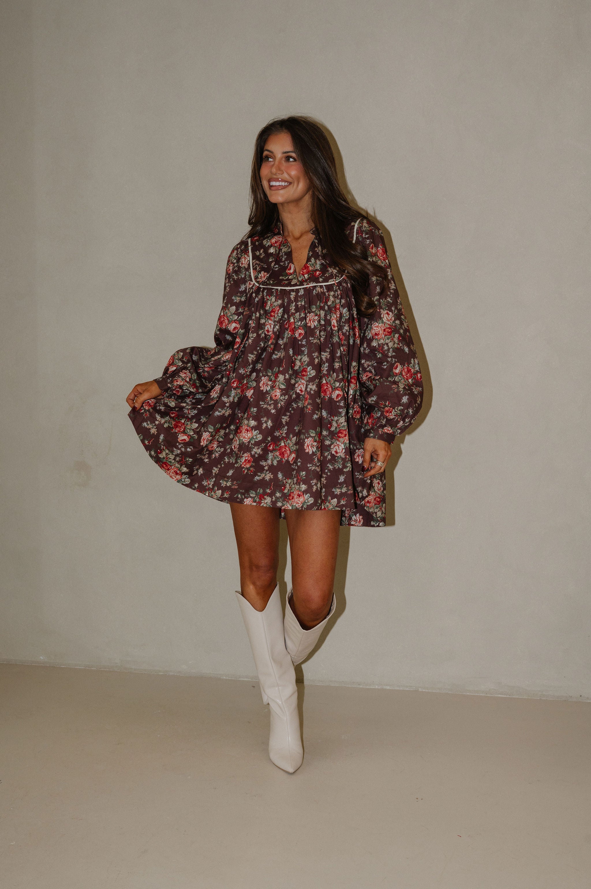 Sophia Printed Mini Dress-Brown