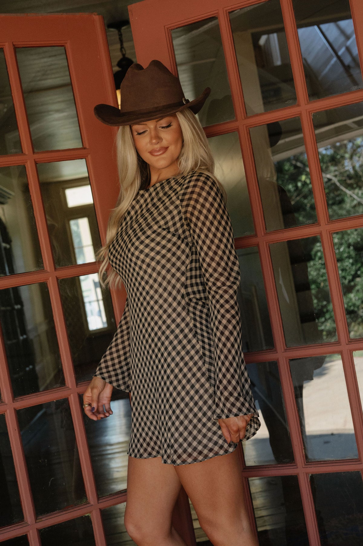 Leah Gingham Mini Dress-Black/Brown