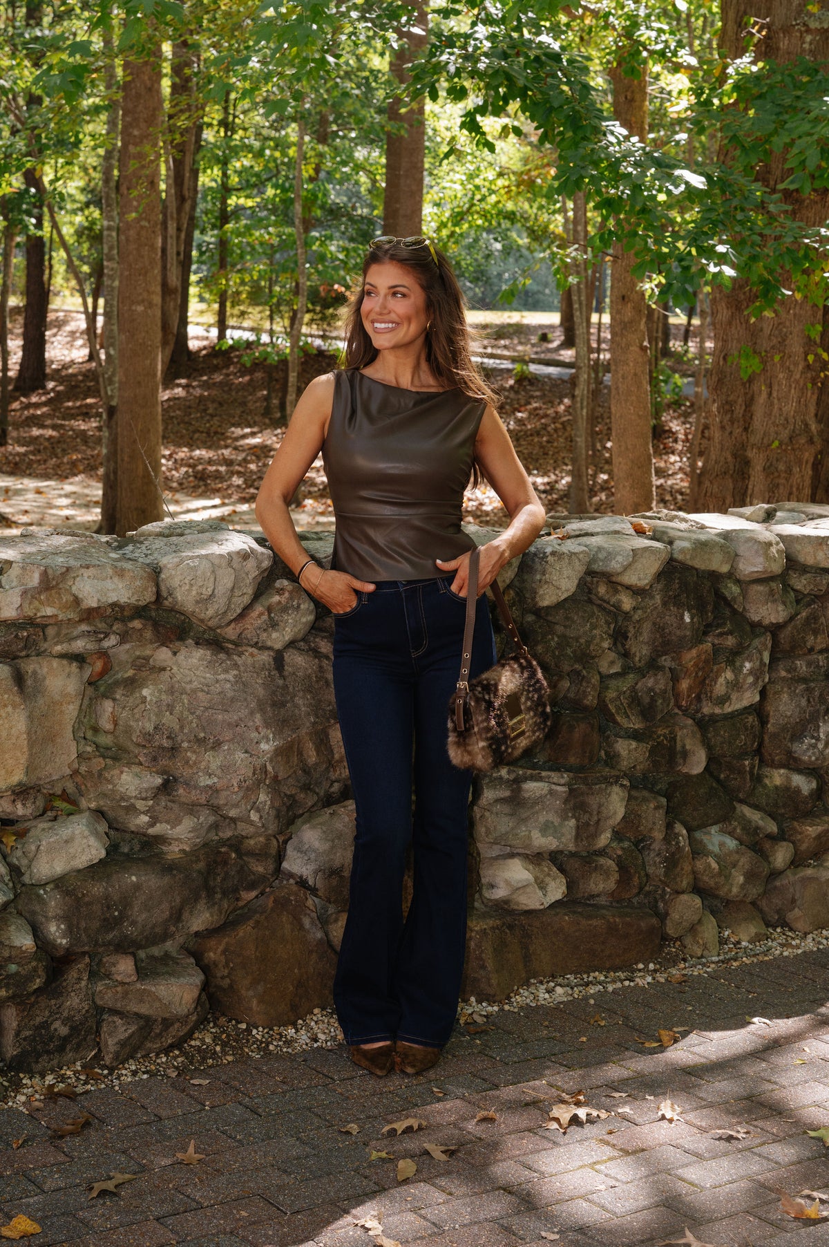 Abbie Faux Leather Top-Brown