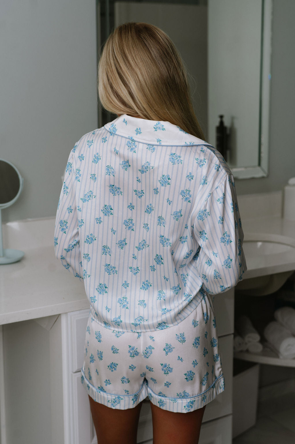 Floral Striped Pajama Set-White/Blue