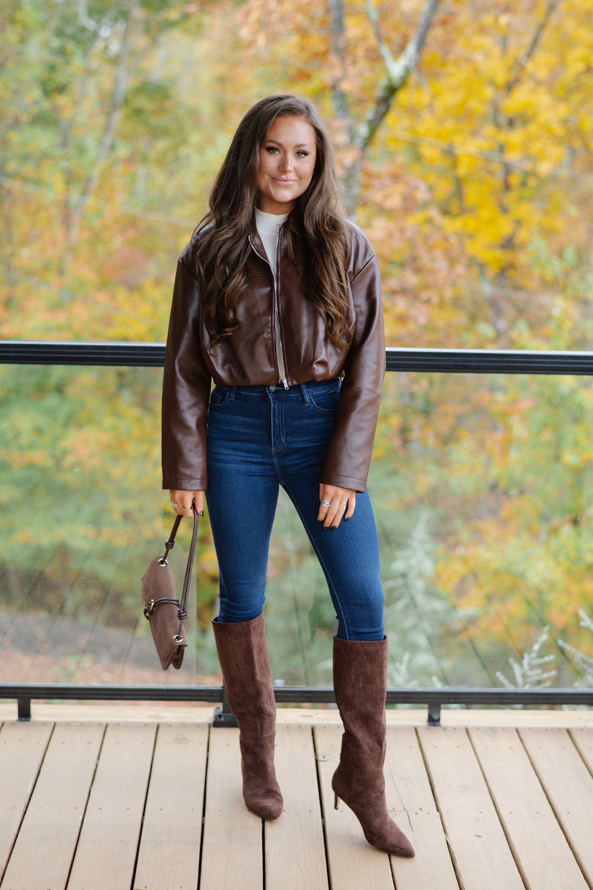 Leather Pleated Bubble Hem Jacket-Chocolate Brown