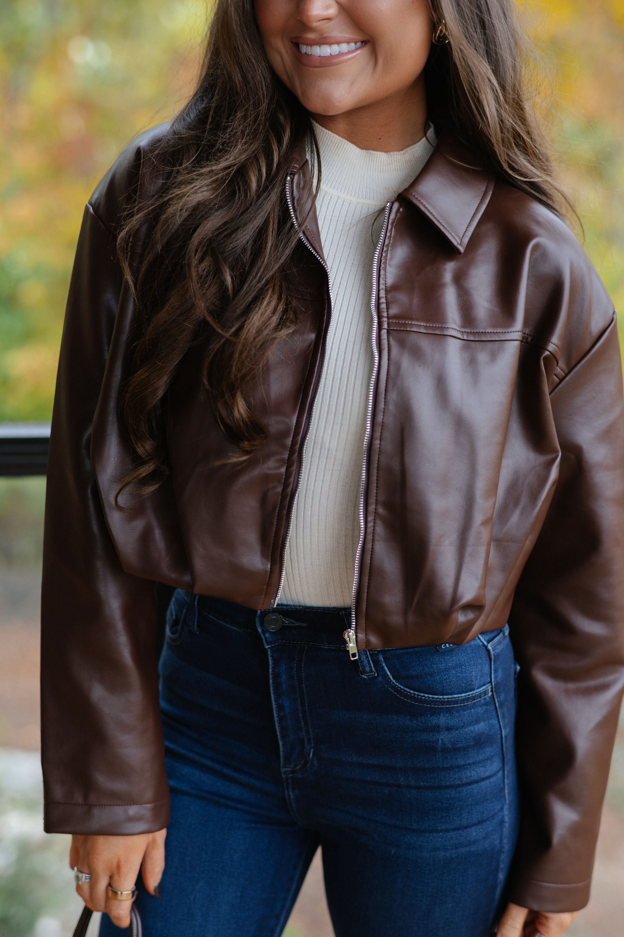Leather Pleated Bubble Hem Jacket-Chocolate Brown