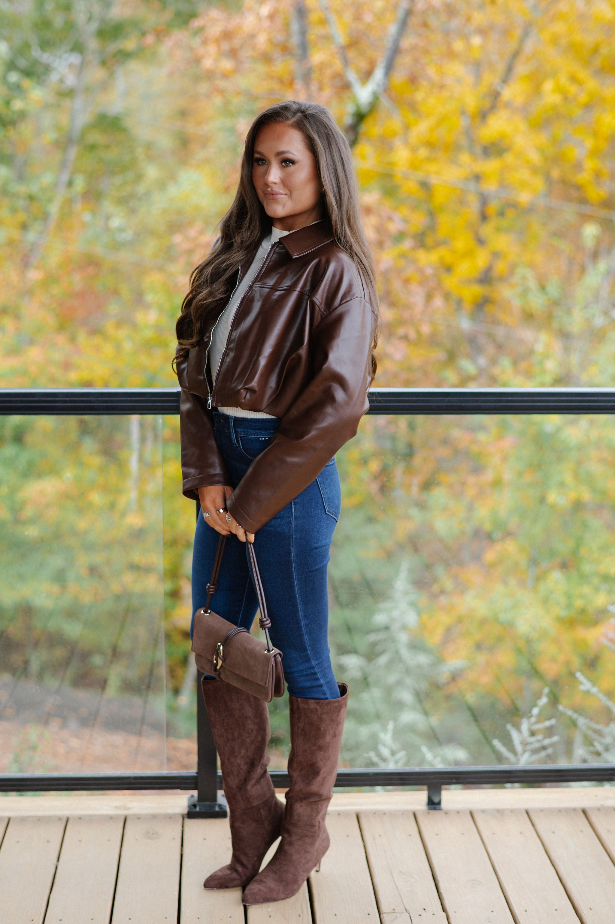 Leather Pleated Bubble Hem Jacket-Chocolate Brown