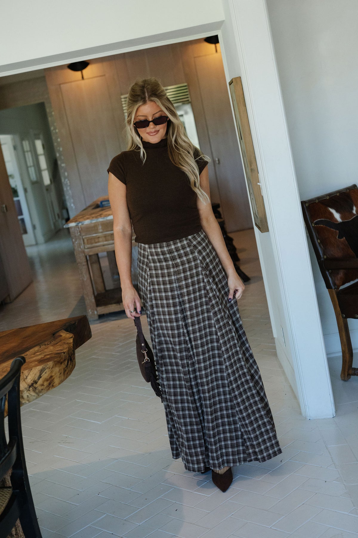 Riley Plaid Maxi Skirt-Brown Multi