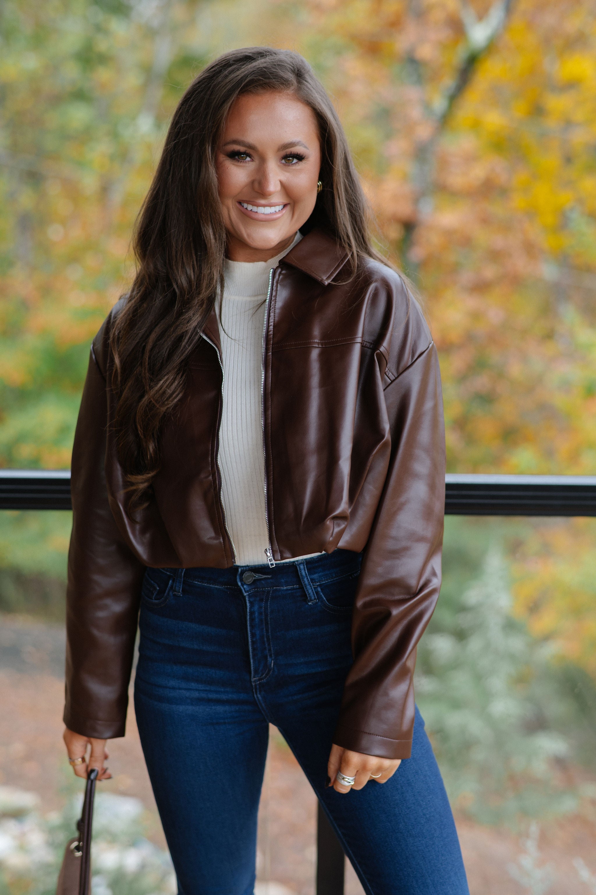 Leather Pleated Bubble Hem Jacket-Chocolate Brown