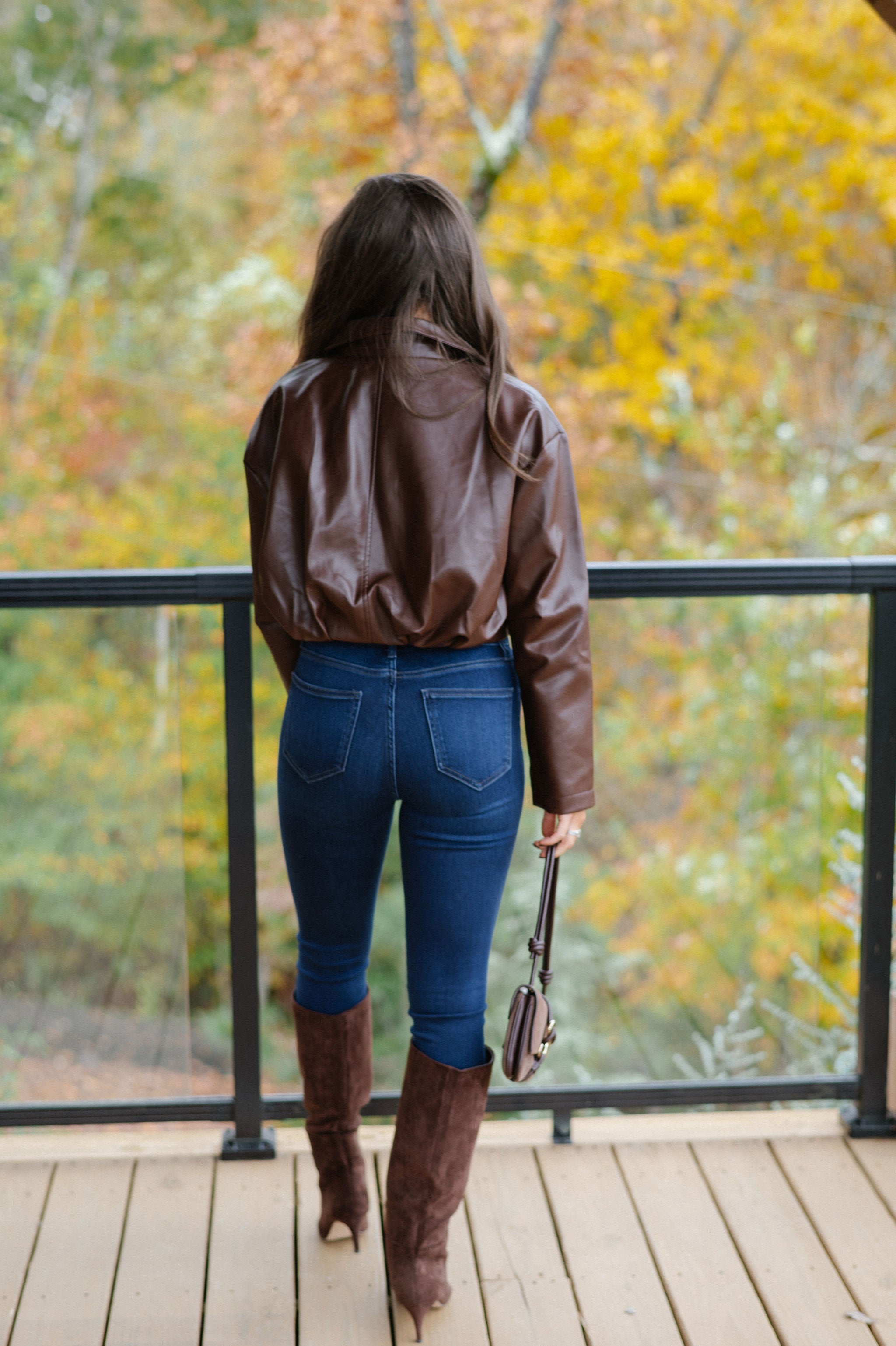 Leather Pleated Bubble Hem Jacket-Chocolate Brown