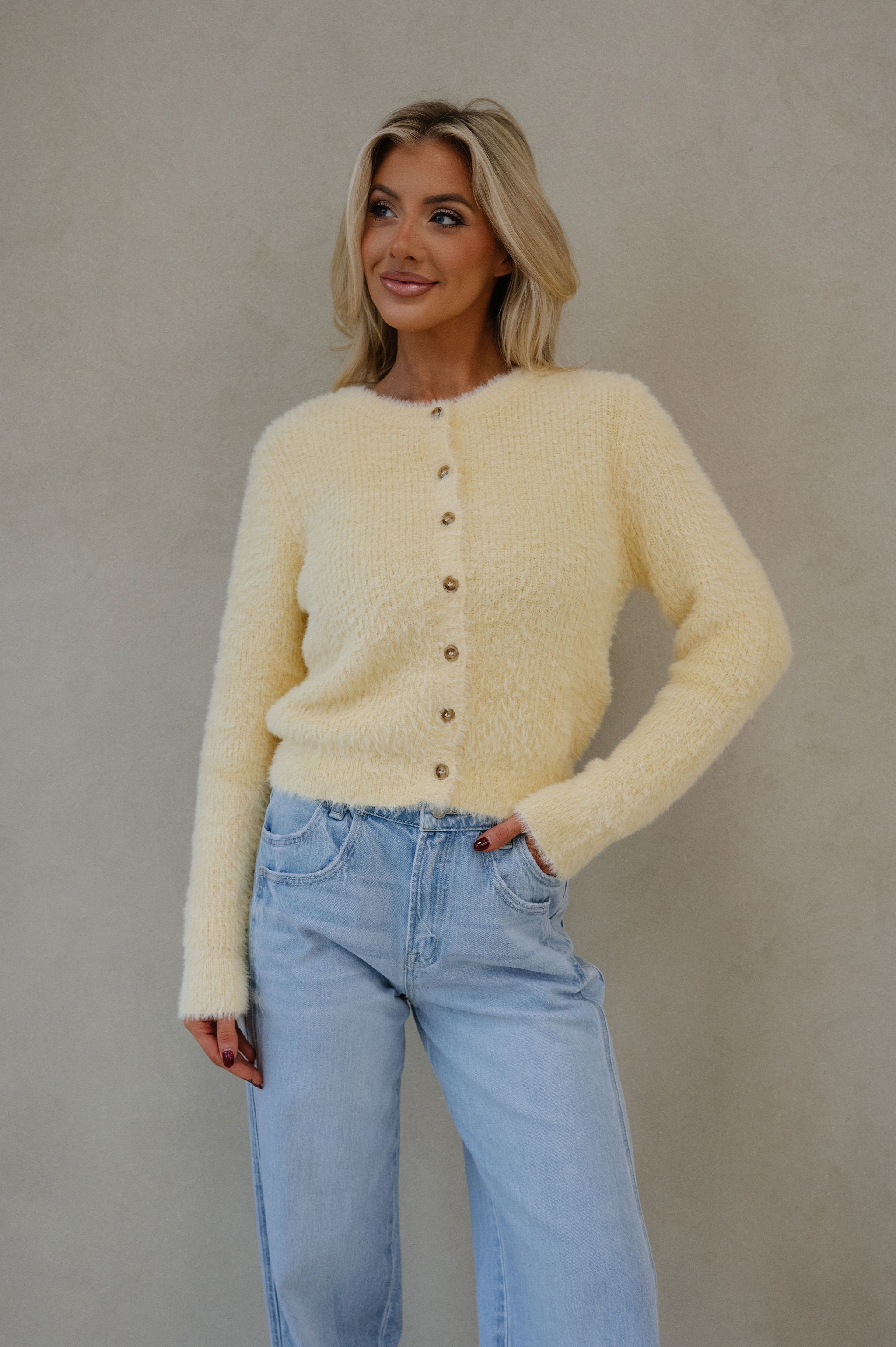 Quinn Fuzzy Cardigan-Butter Yellow