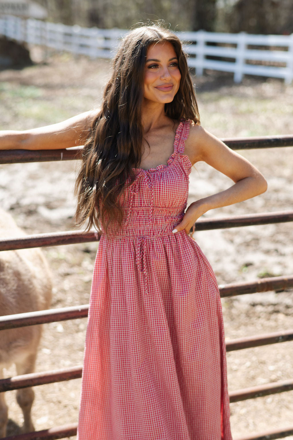 Lori Gingham Midi Dress-Red