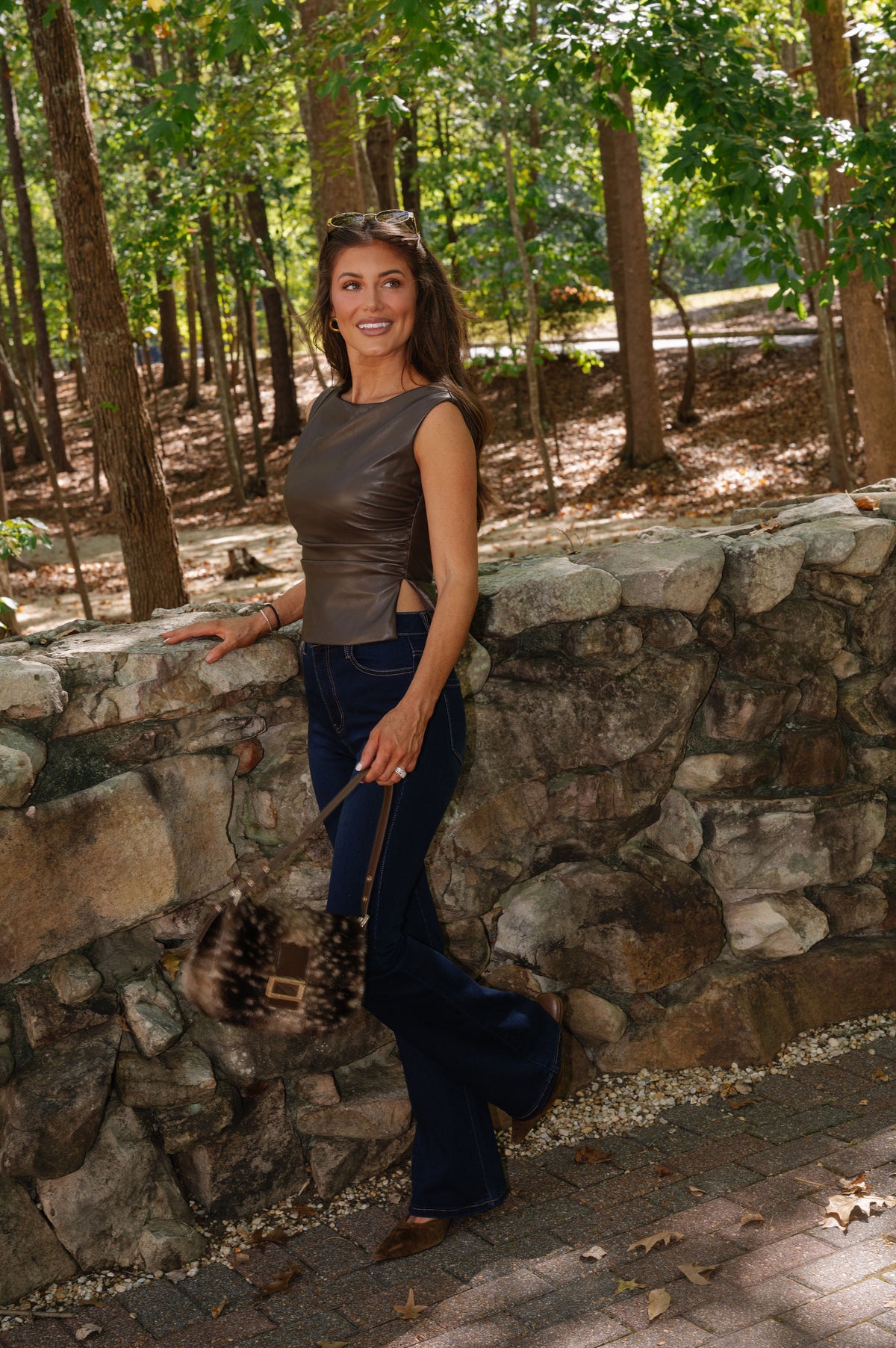 Abbie Faux Leather Top-Brown