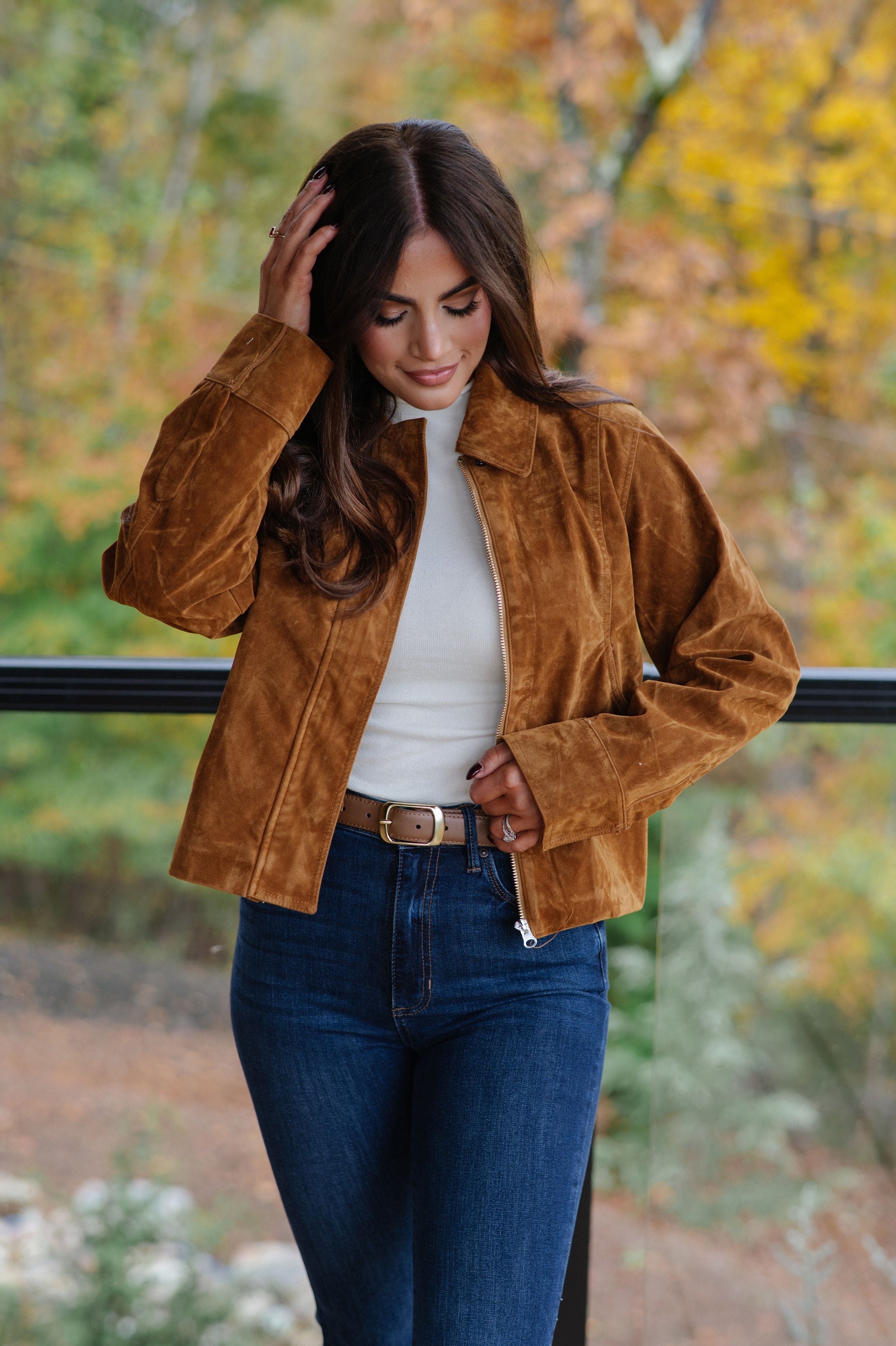 Faux Suede Collar Jacket-Camel