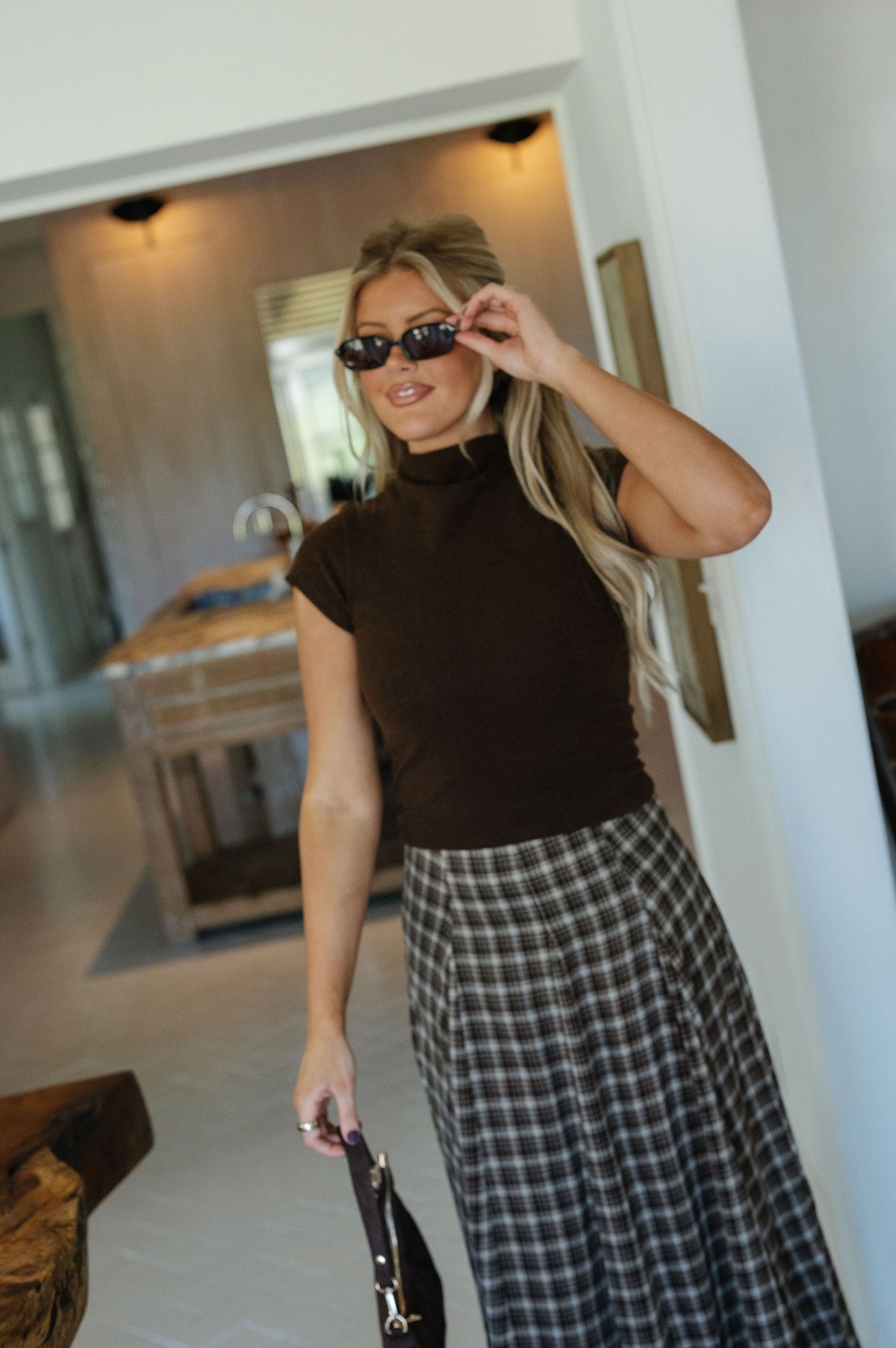 Farrah Mock Neck Knit Top-Brown
