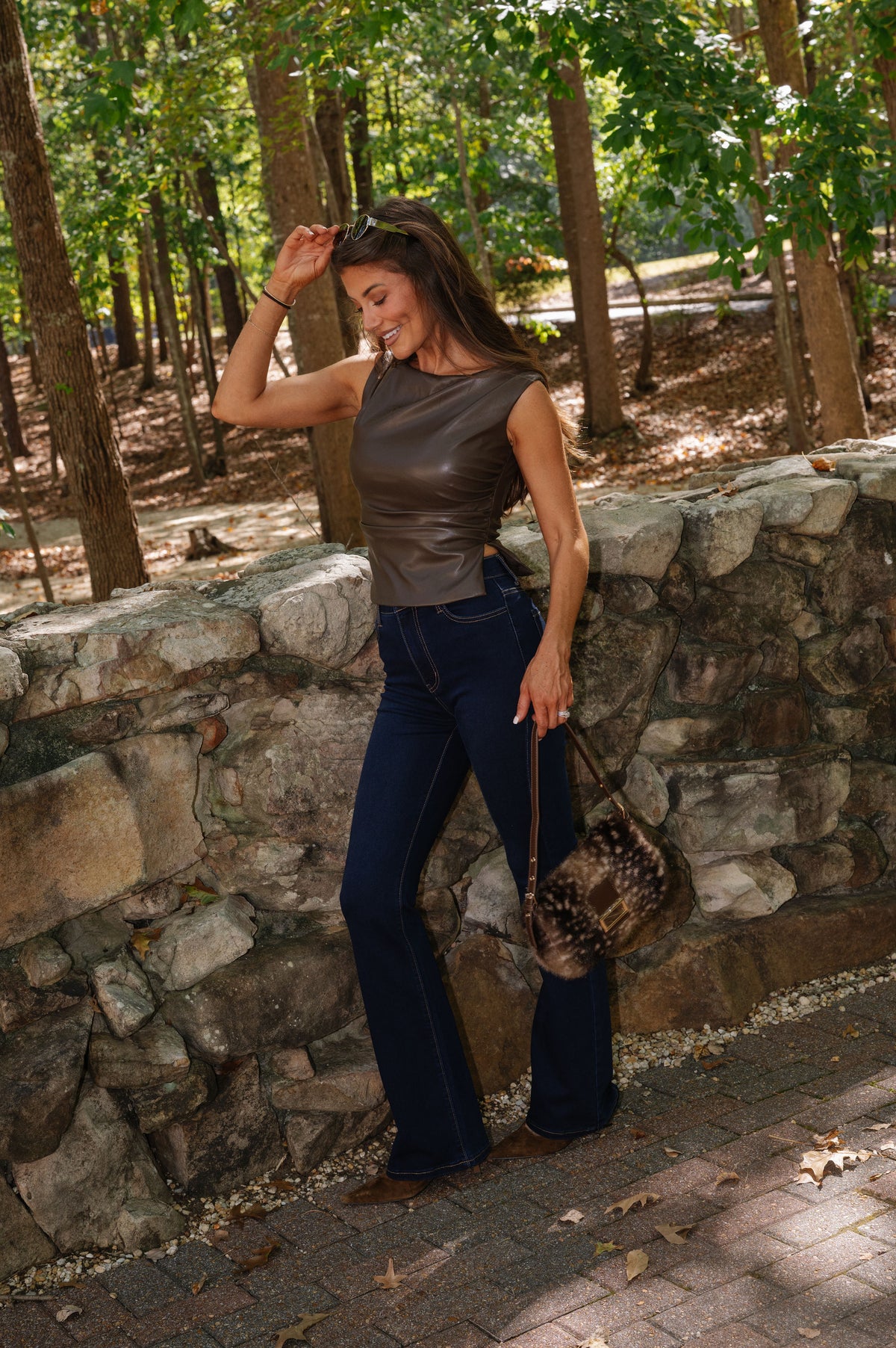 Abbie Faux Leather Top-Brown