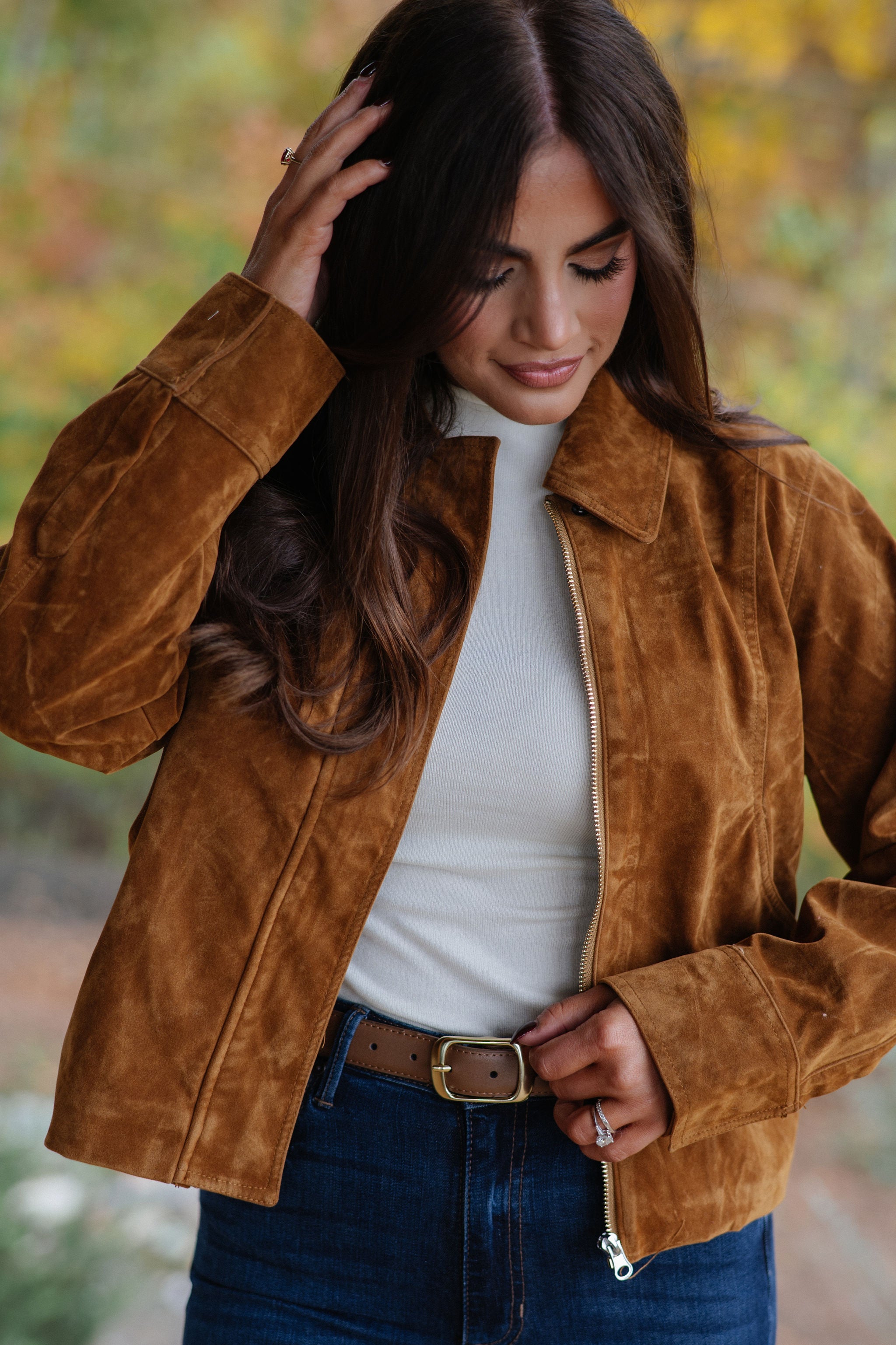 Faux Suede Collar Jacket-Camel