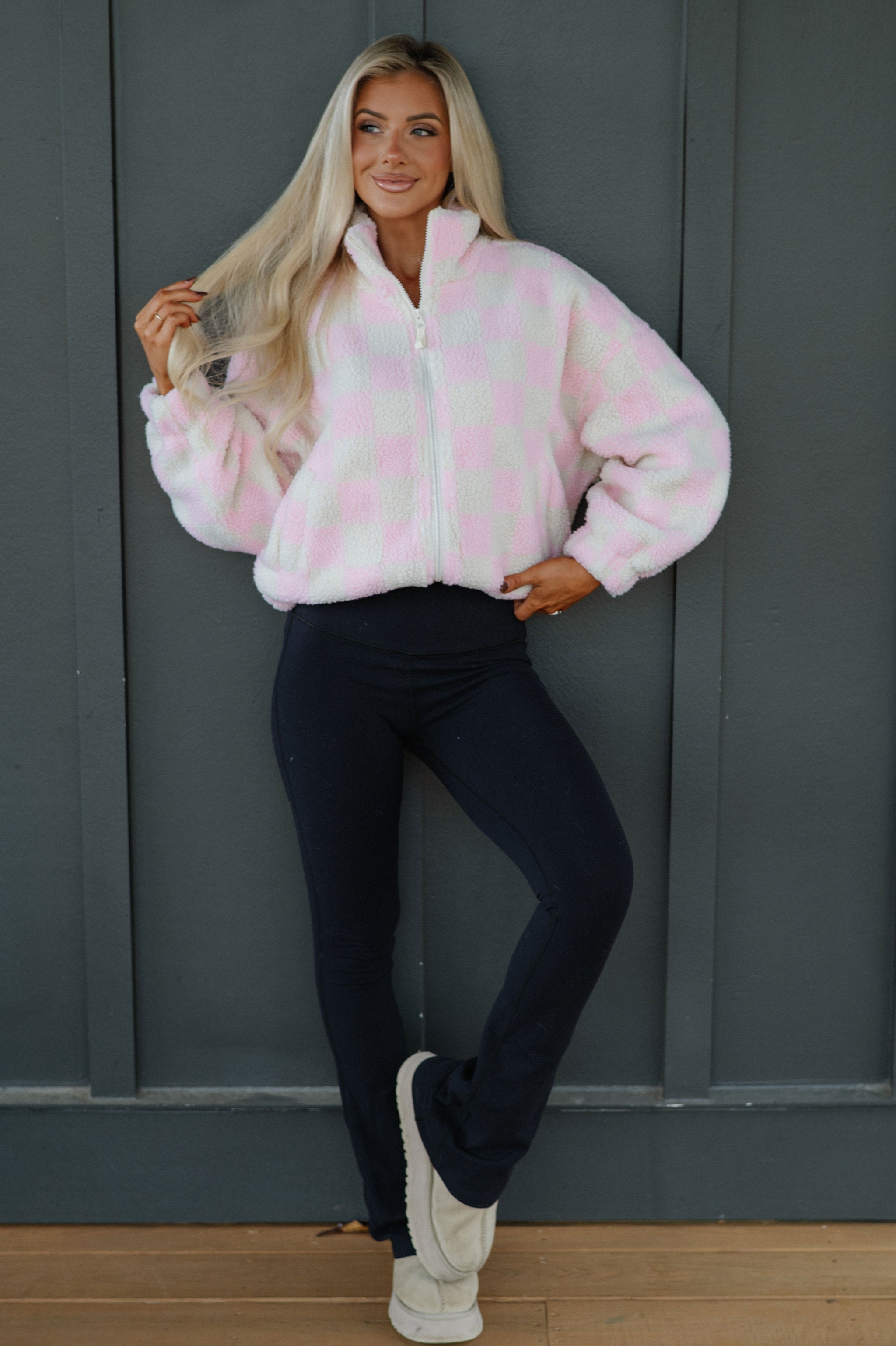 Alayna Checkered Jacket-Pink