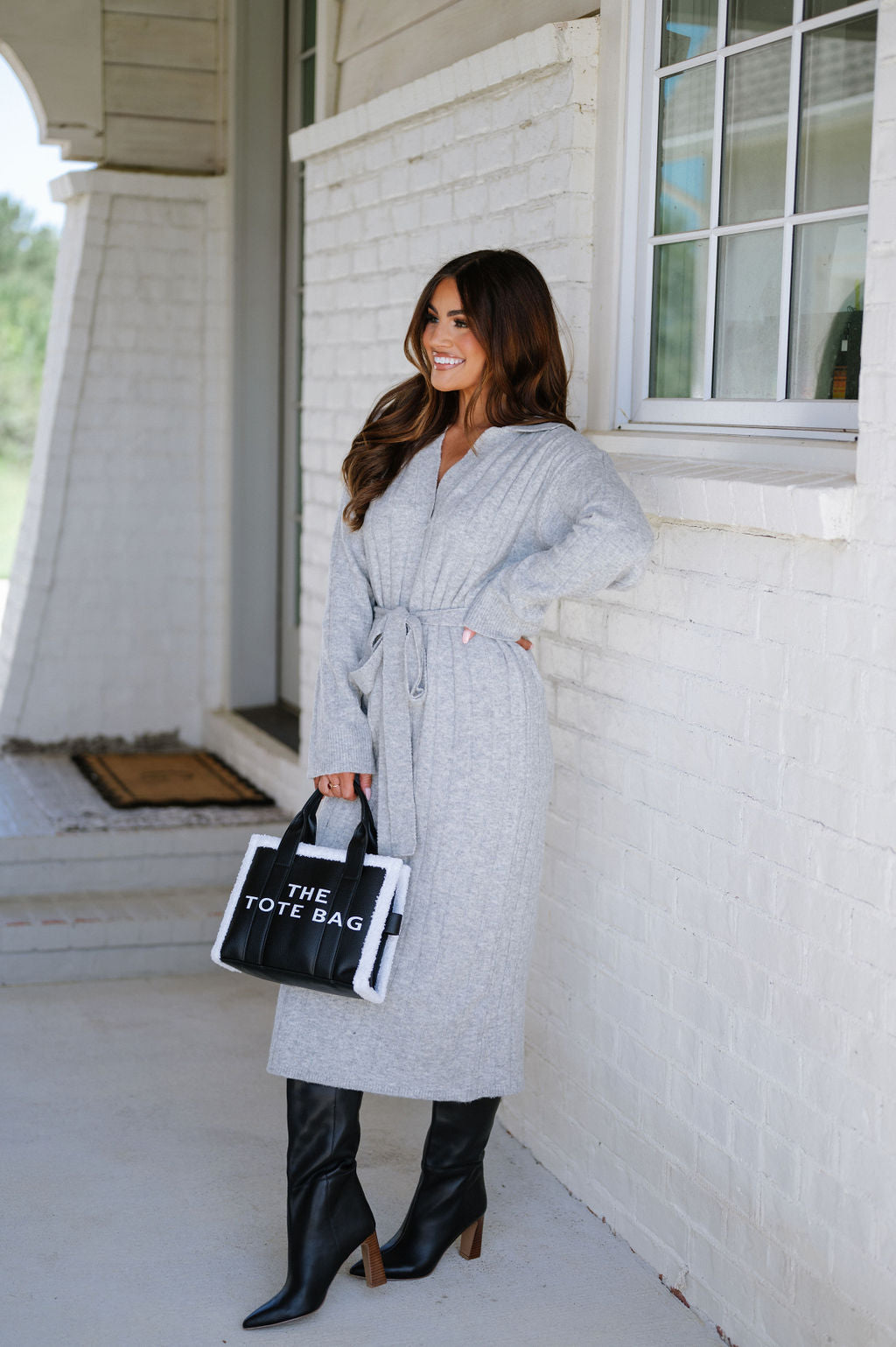 Ribbed Waist Tie Sweater Dress-Heather Grey