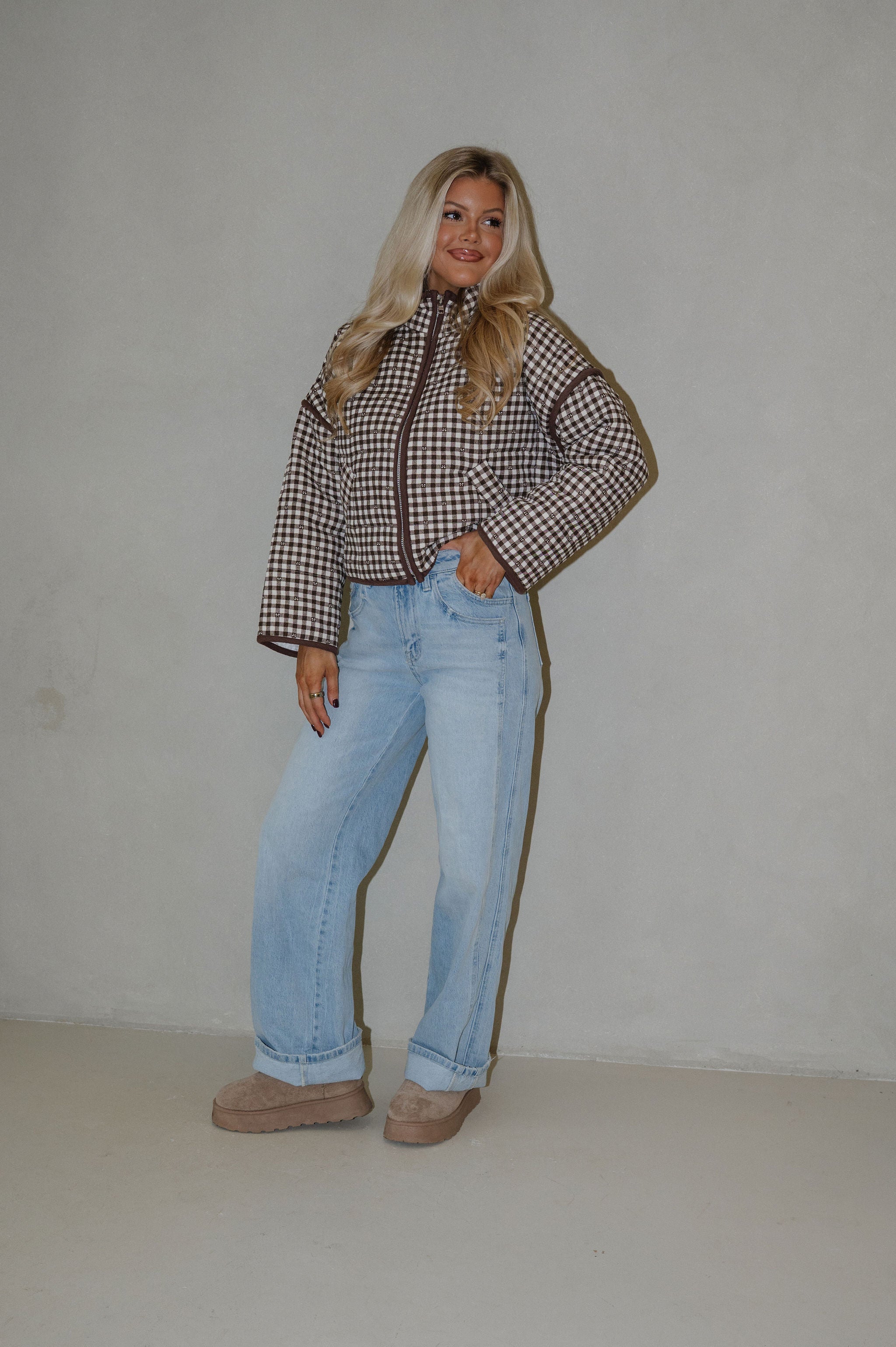 Barclay Gingham Jacket-Brown/Off White