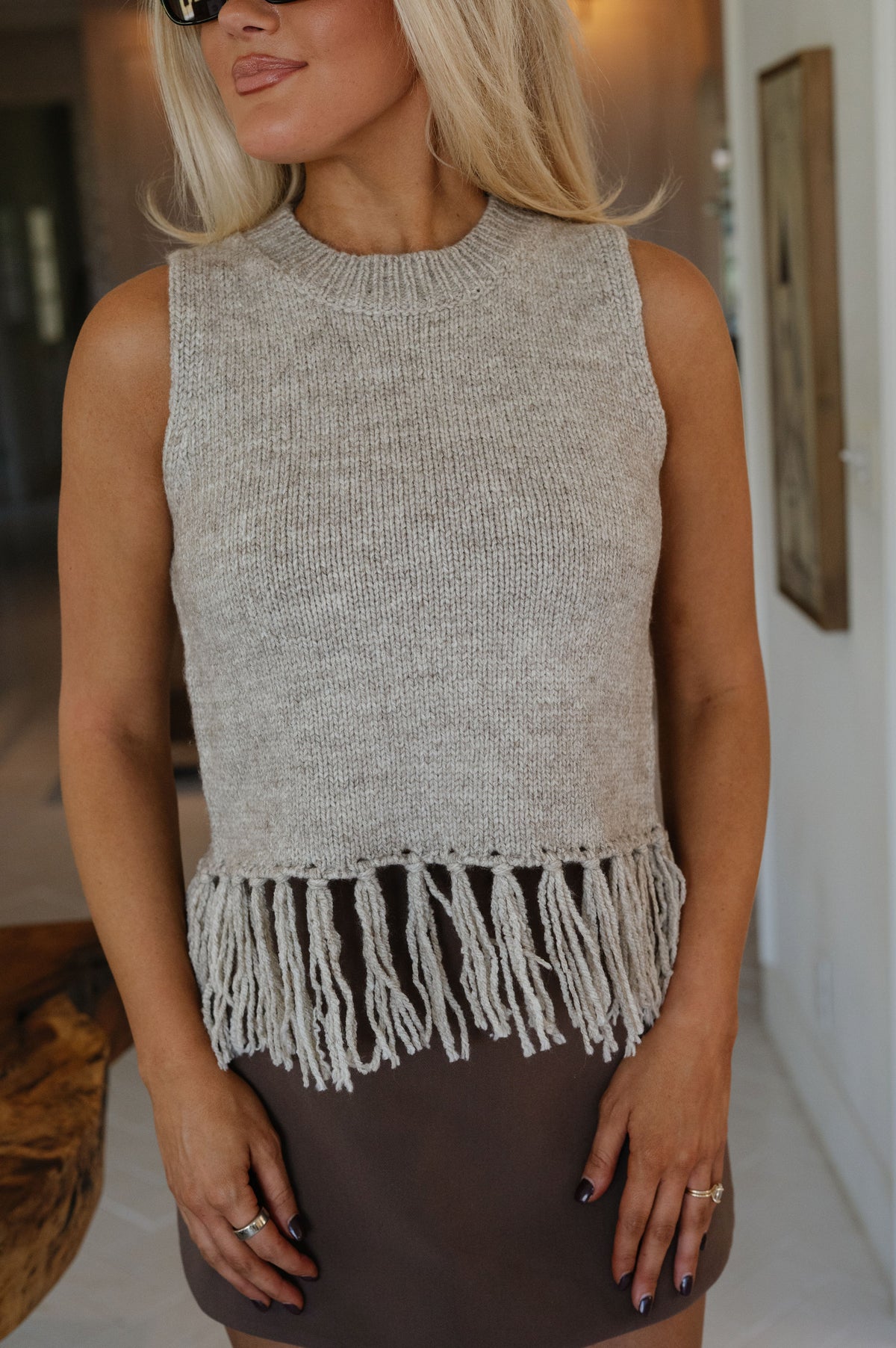 Fallon Fringe Vest-Taupe Grey