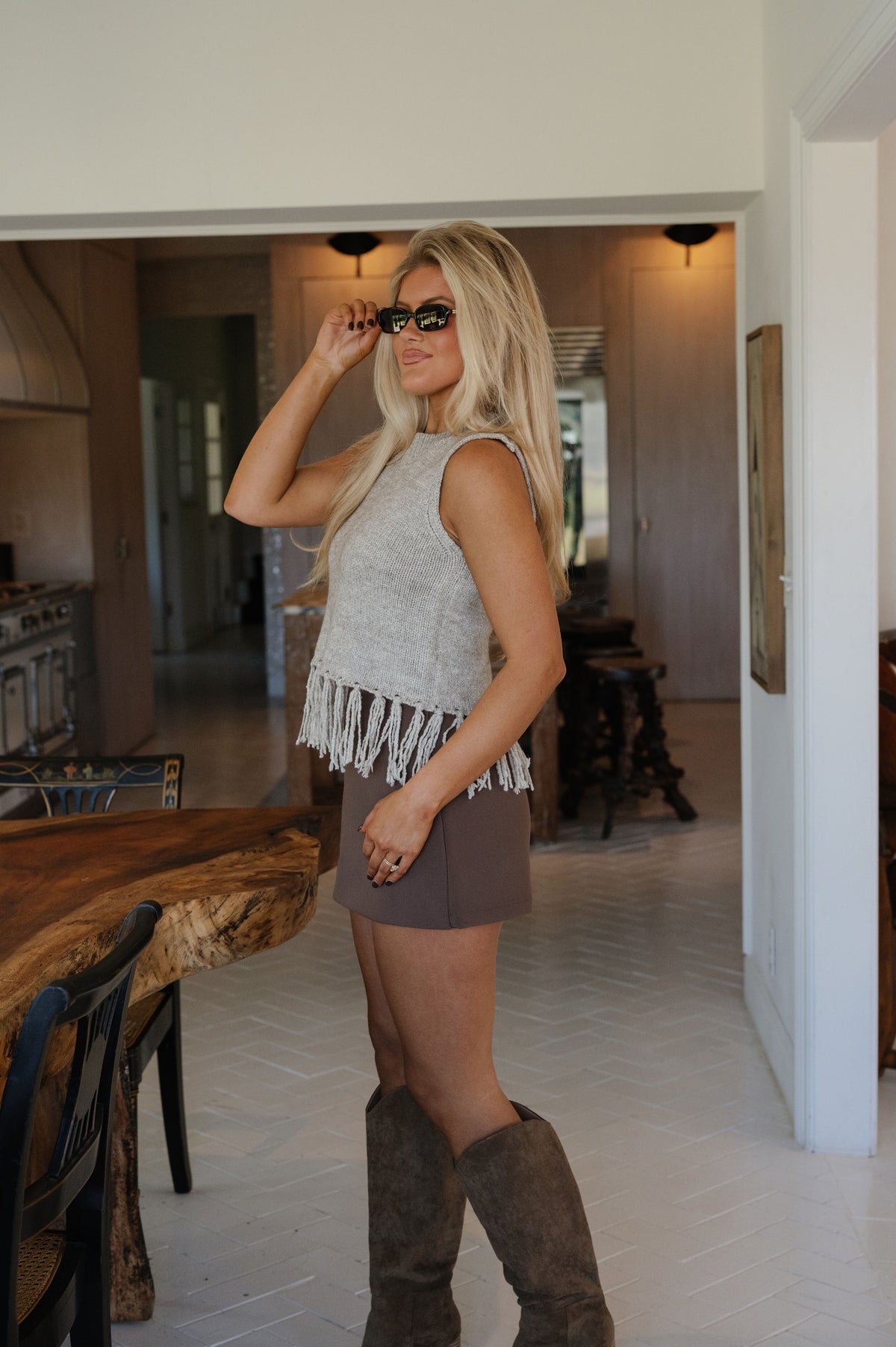 Fallon Fringe Vest-Taupe Grey