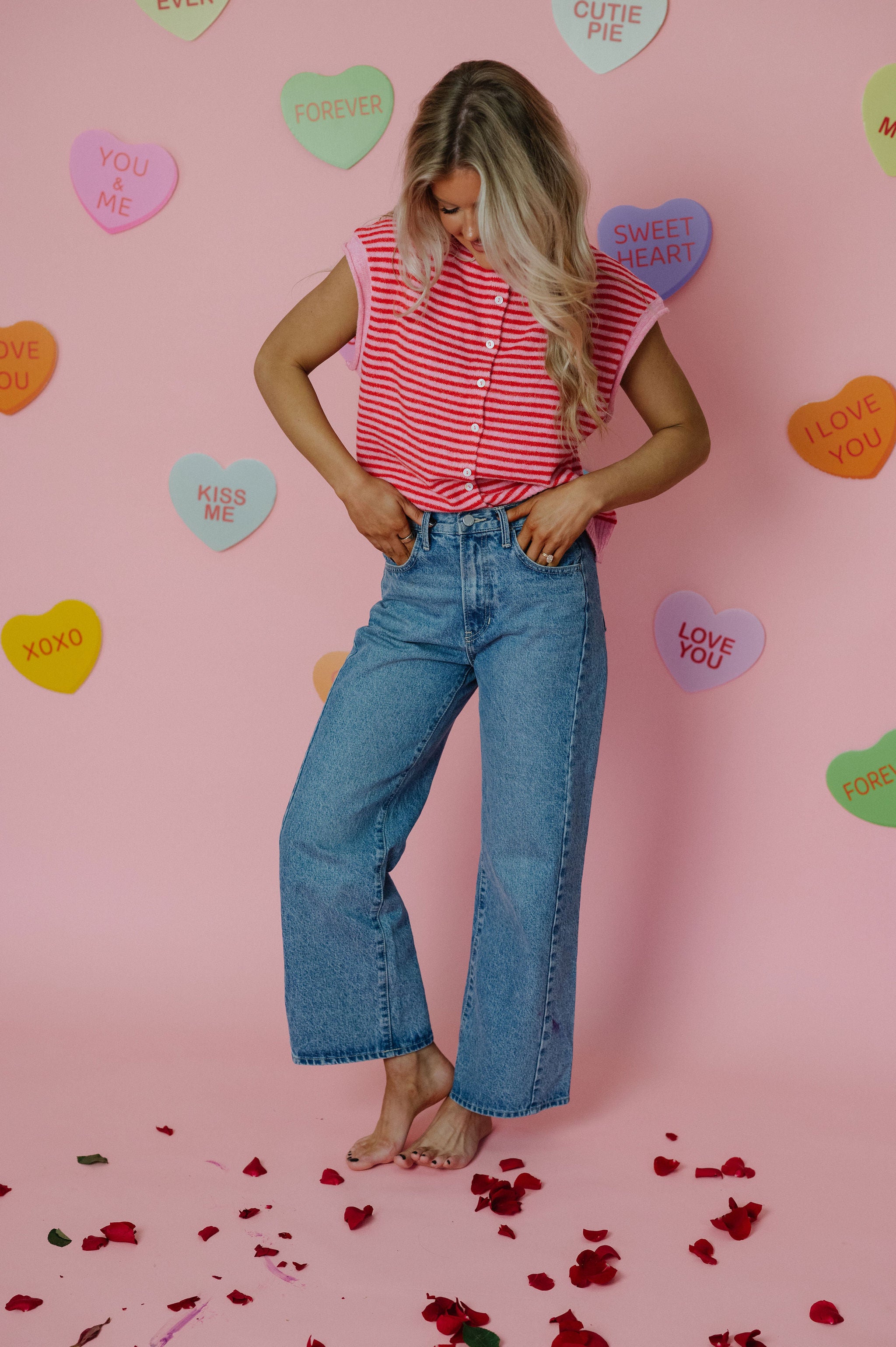 Striped Piper Vest Cardigan-Pink