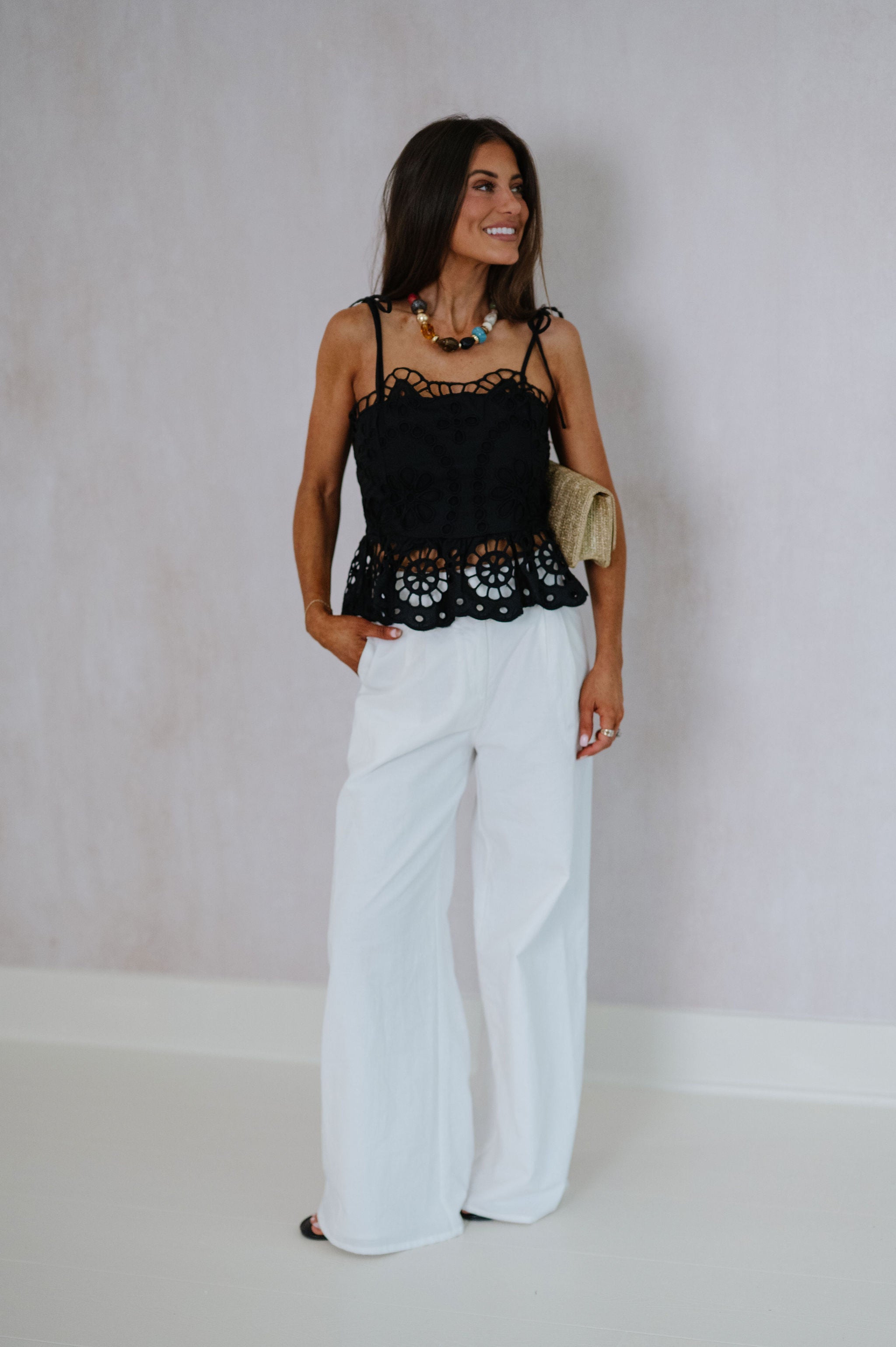 Embroidered Peplum Top-Black