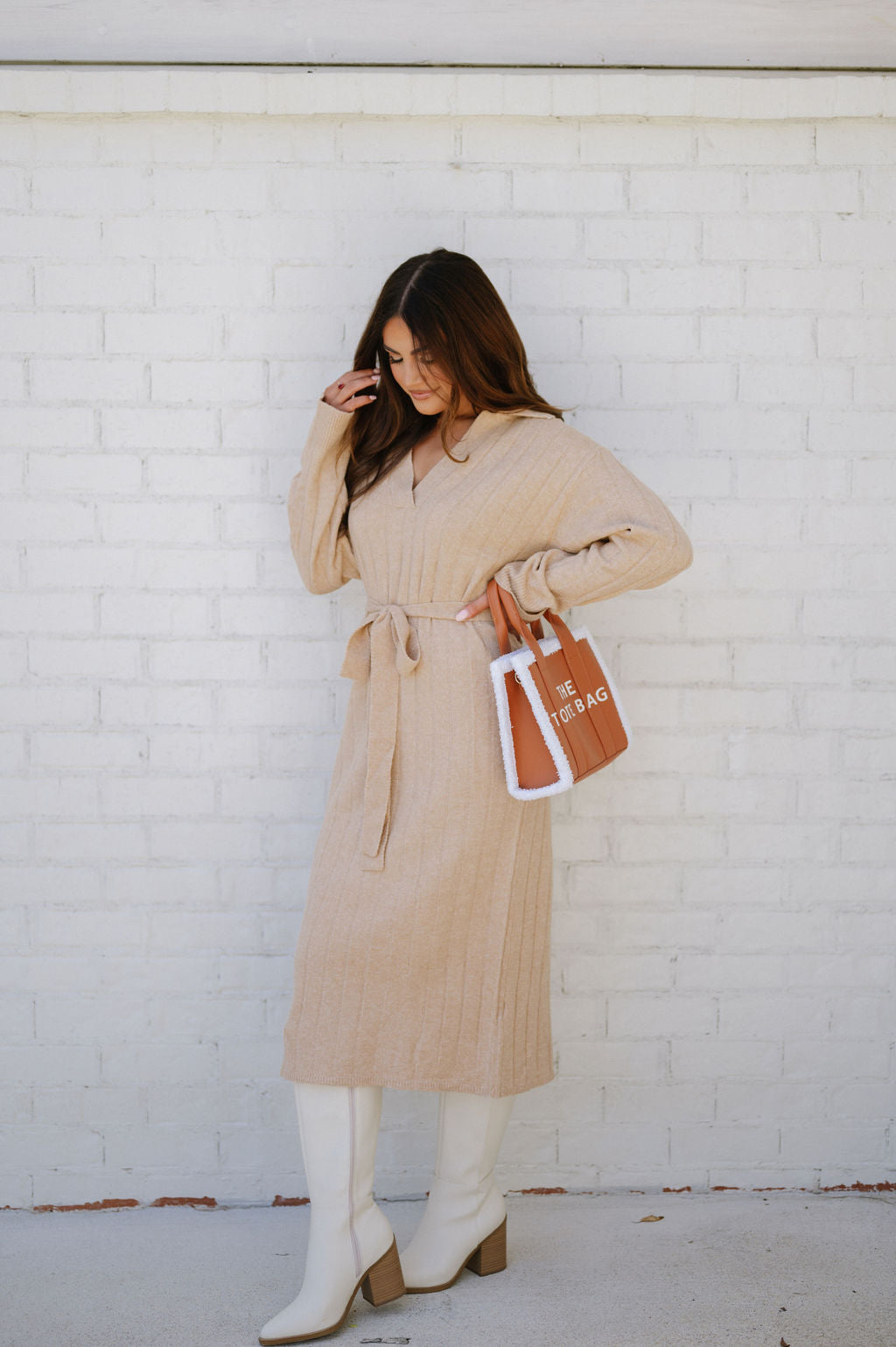 Ribbed Waist Tie Sweater Dress-Beige