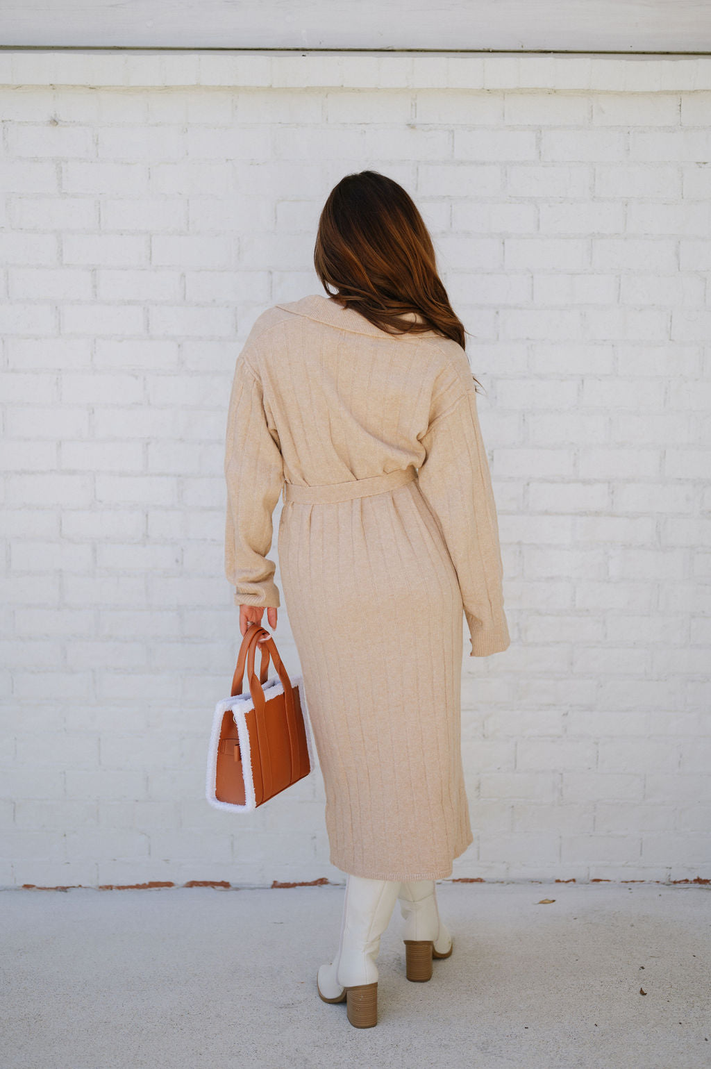 Ribbed Waist Tie Sweater Dress-Beige