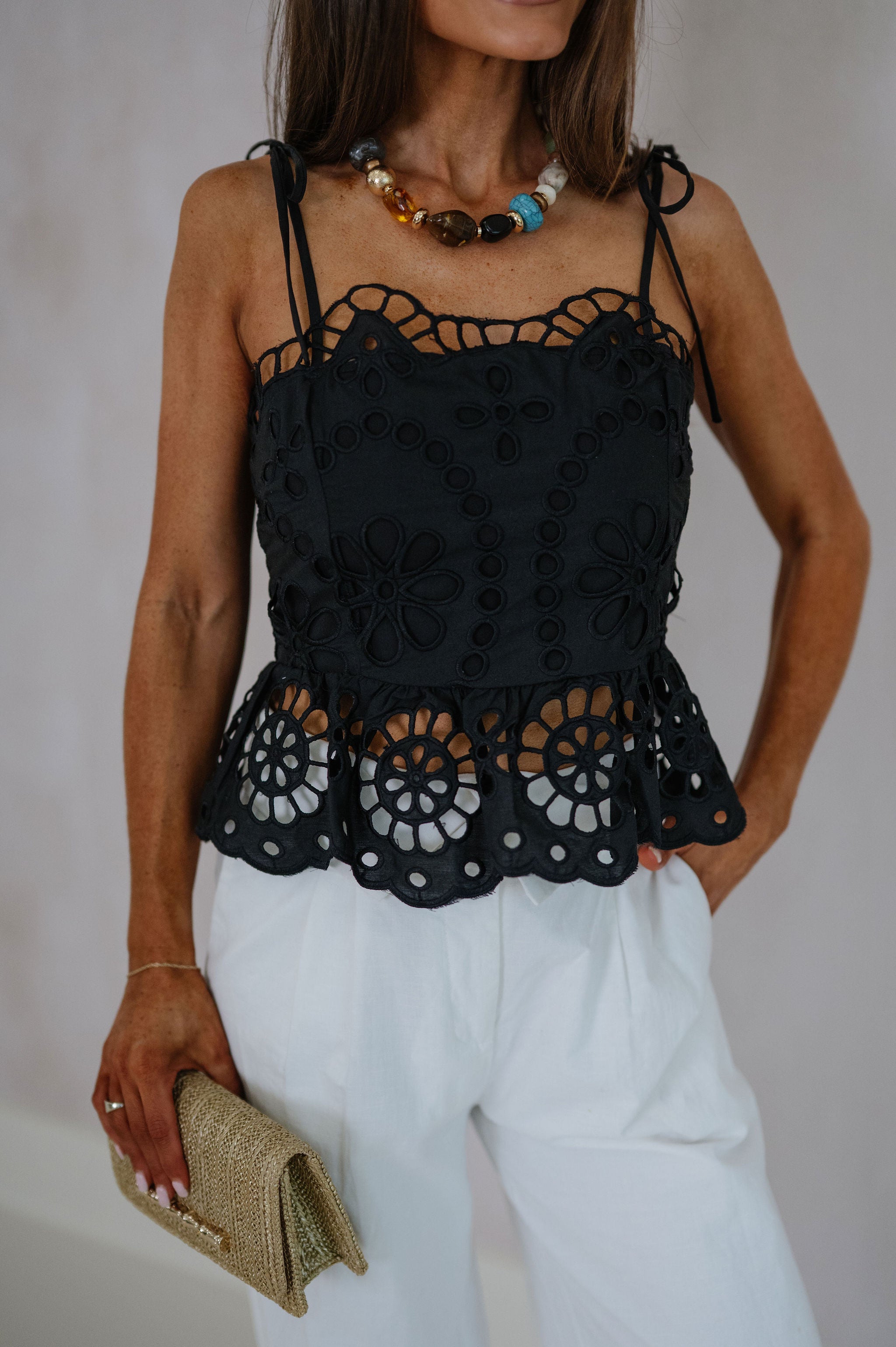 Embroidered Peplum Top-Black
