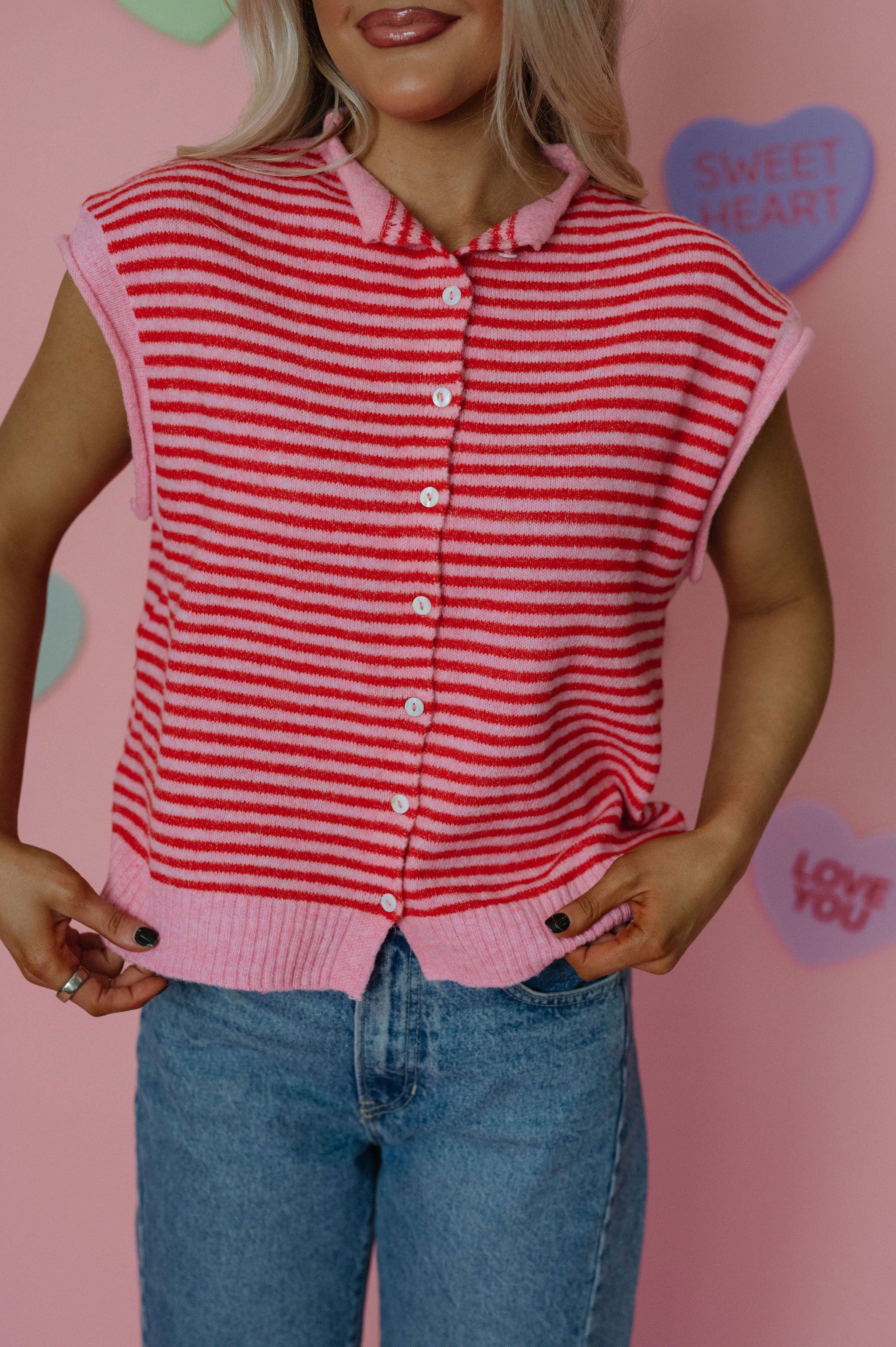 Striped Piper Vest Cardigan-Pink