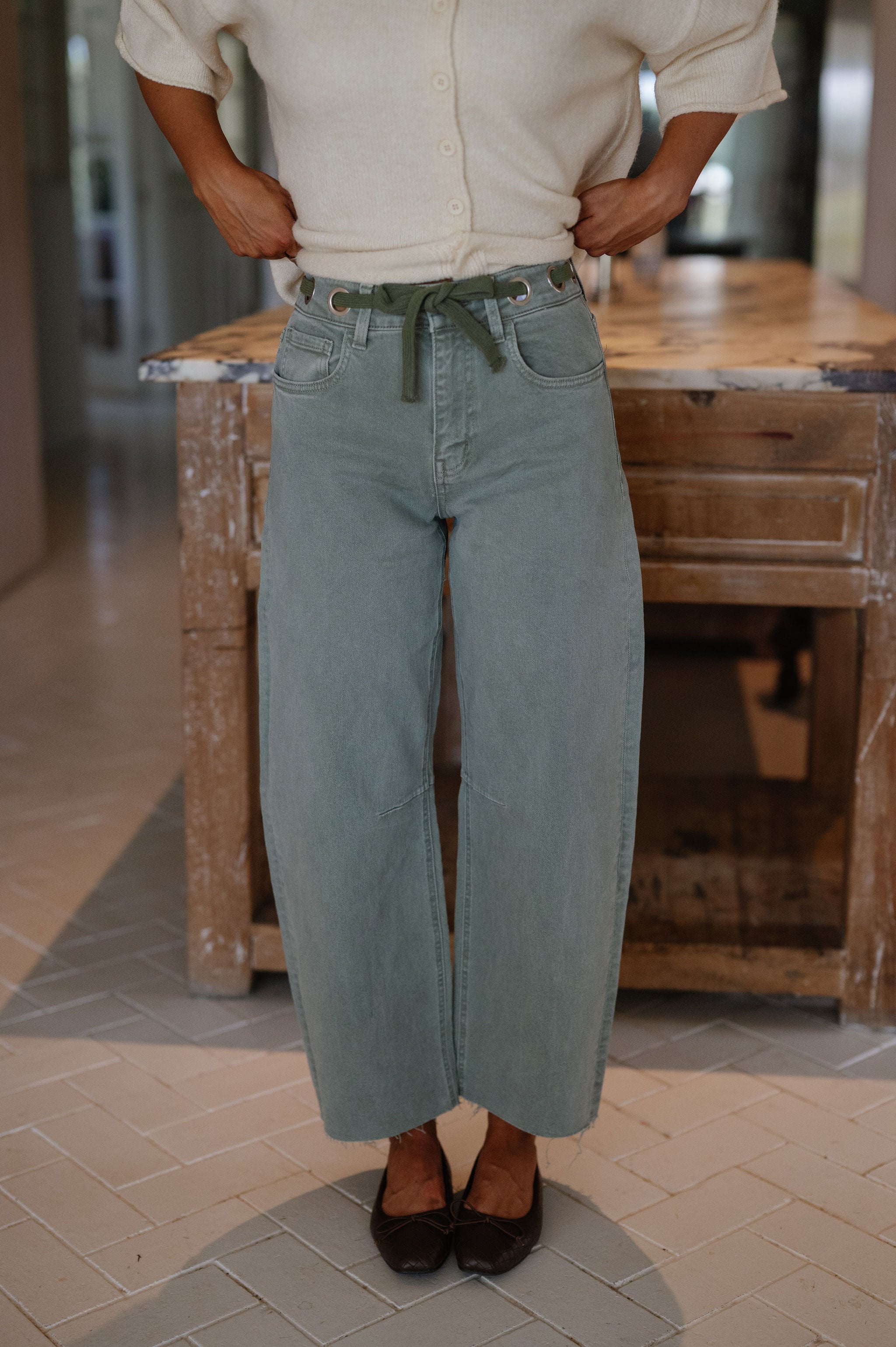 Emerson Super High Rise Wide Barrel Jean-Olive